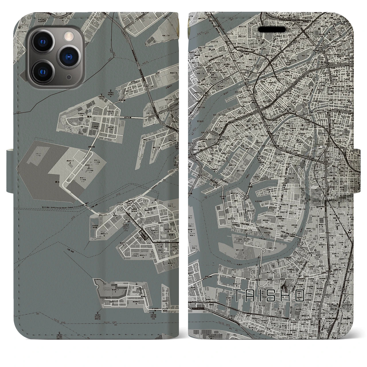 【大正(大阪府)】地図柄iPhoneケース(手帳タイプ)モノトーン・iPhone 11 Pro Max 用