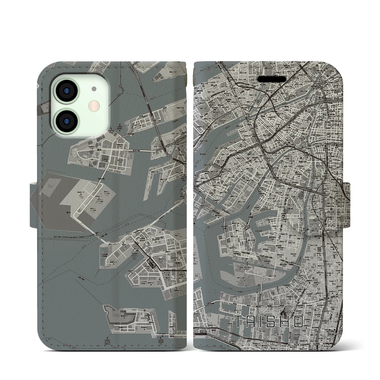 【大正(大阪府)】地図柄iPhoneケース(手帳タイプ)モノトーン・iPhone 12 mini 用