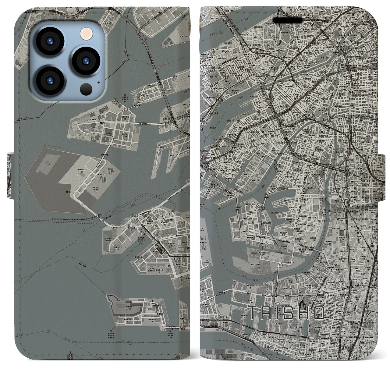 【大正(大阪府)】地図柄iPhoneケース(手帳タイプ)モノトーン・iPhone 13 Pro Max 用