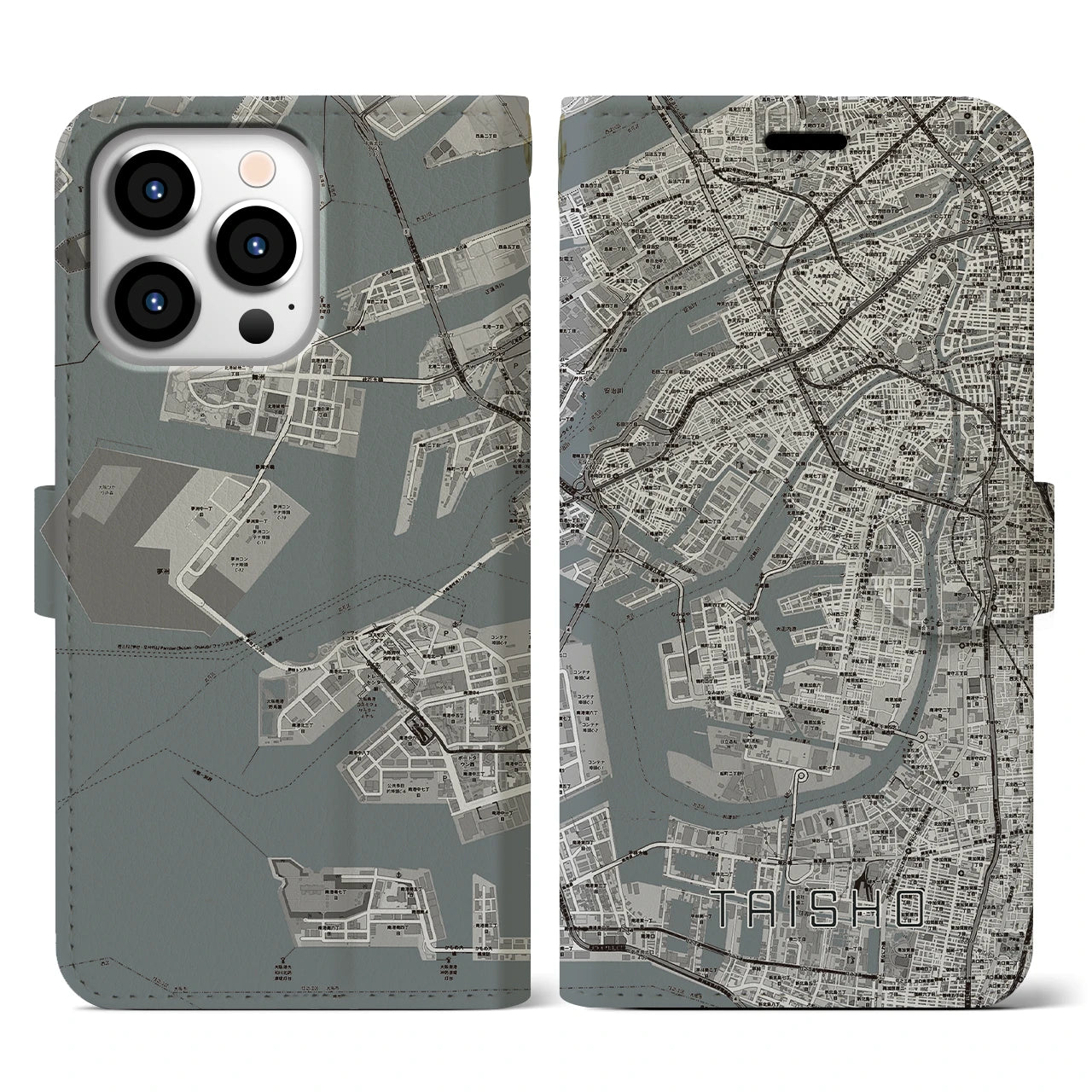 【大正(大阪府)】地図柄iPhoneケース(手帳タイプ)モノトーン・iPhone 13 Pro 用