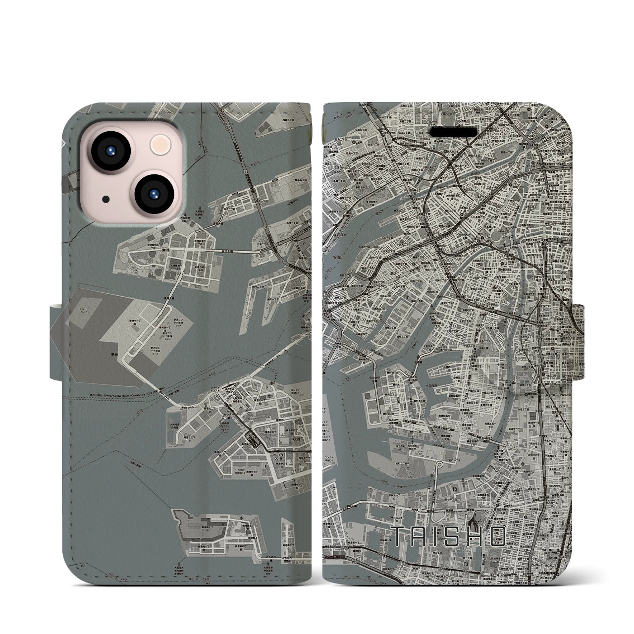 【大正(大阪府)】地図柄iPhoneケース(手帳タイプ)モノトーン・iPhone 13 mini 用