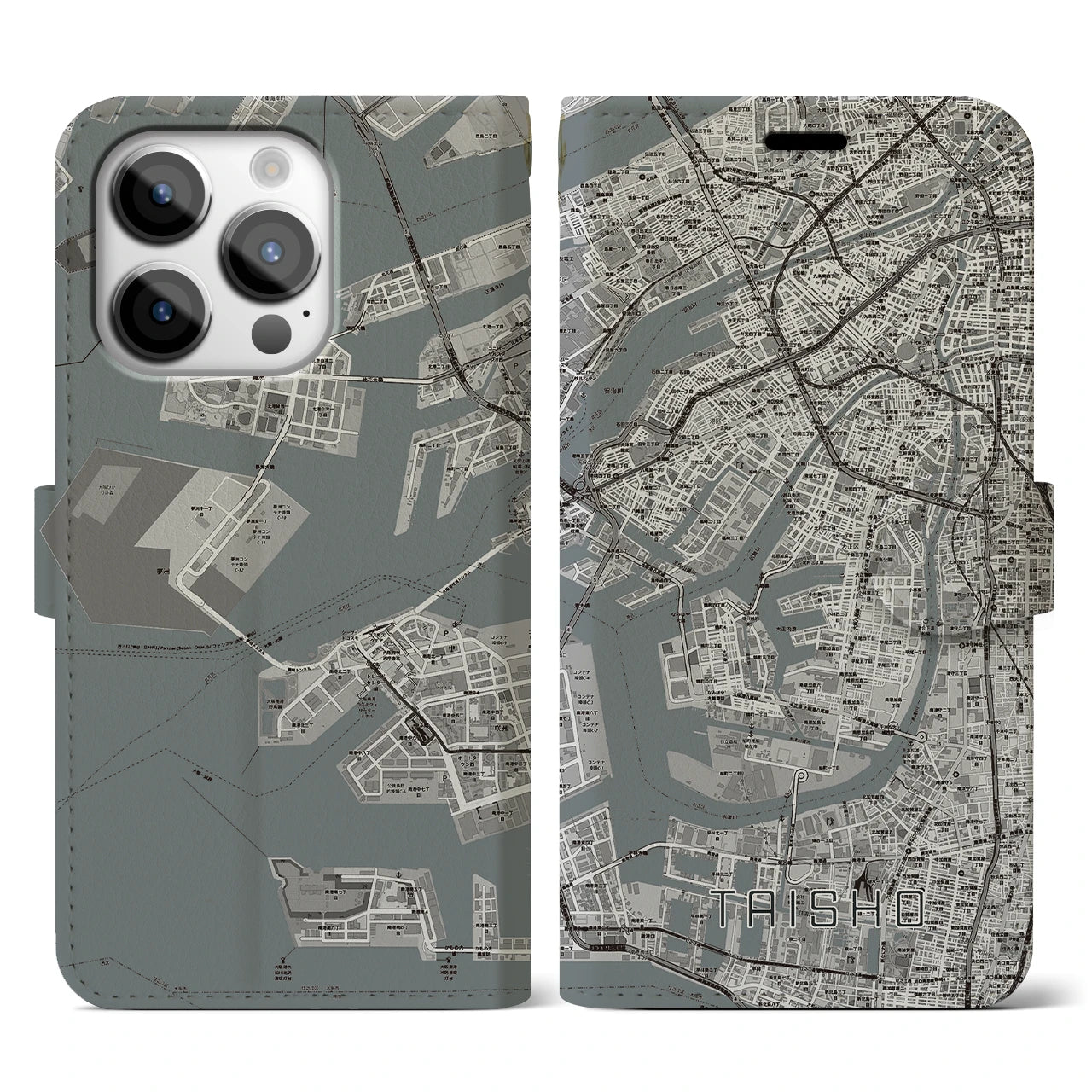 【大正(大阪府)】地図柄iPhoneケース(手帳タイプ)モノトーン・iPhone 14 Pro 用