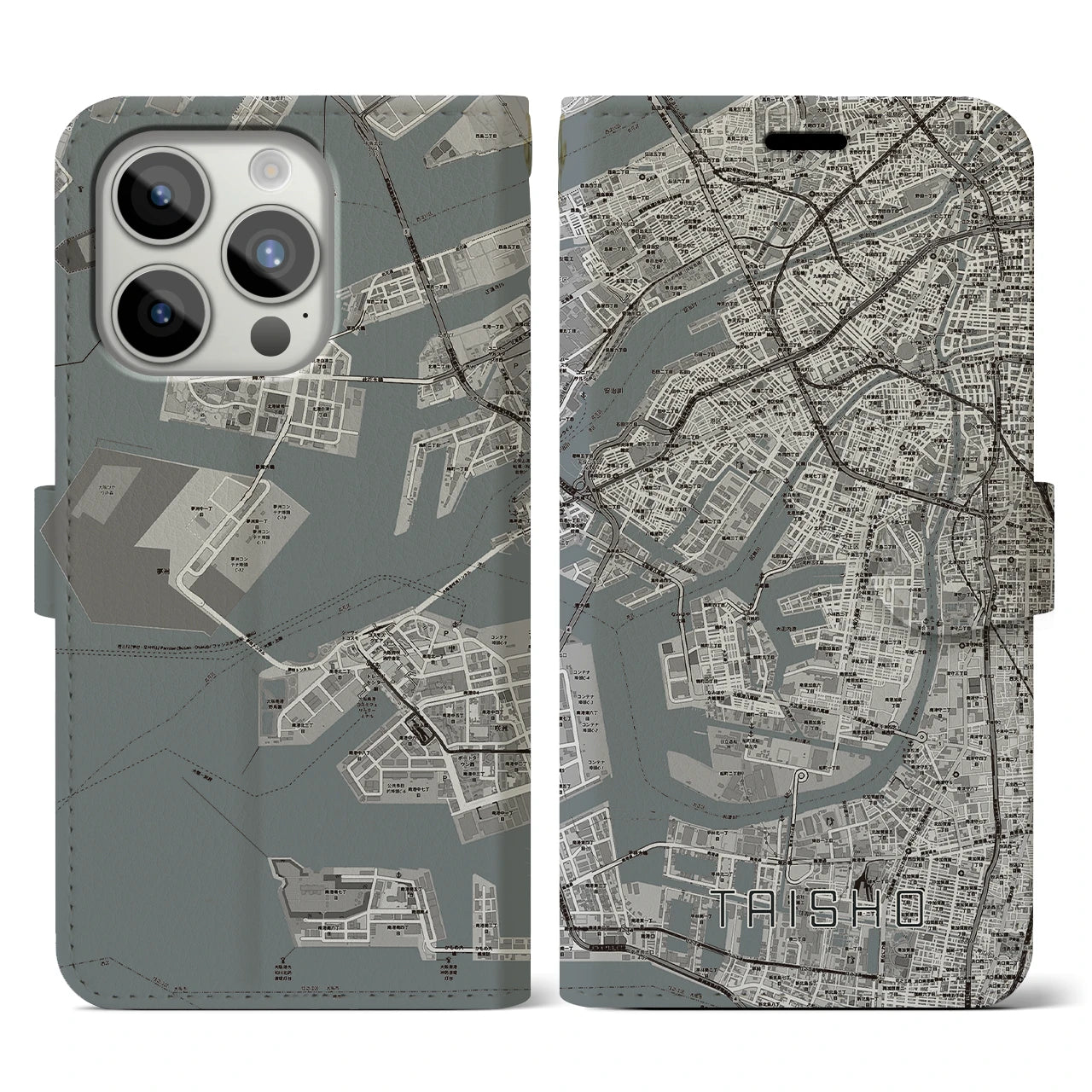【大正(大阪府)】地図柄iPhoneケース(手帳タイプ)モノトーン・iPhone 15 Pro 用
