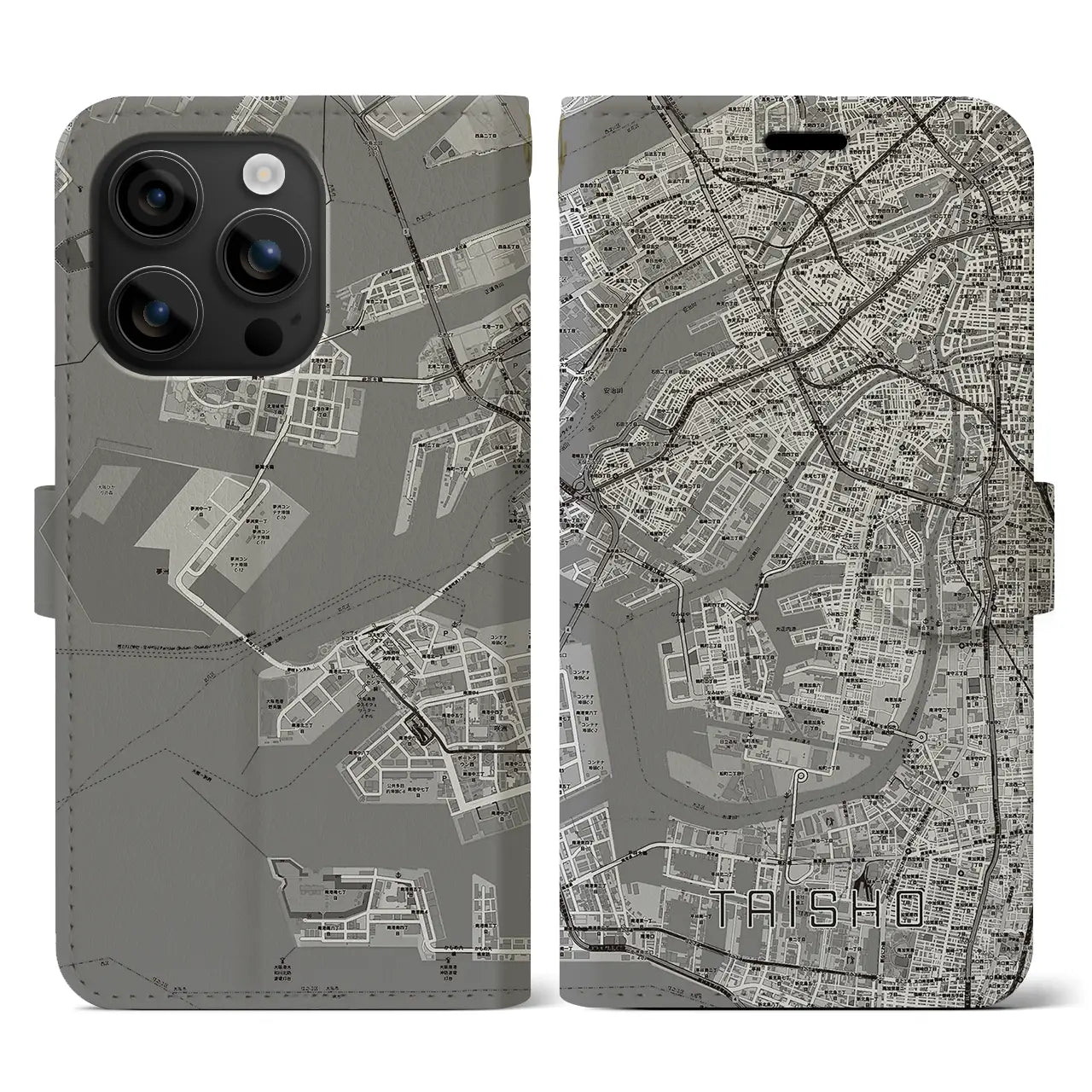 【大正(大阪府)】地図柄iPhoneケース(手帳タイプ)モノトーン・iPhone 16 用