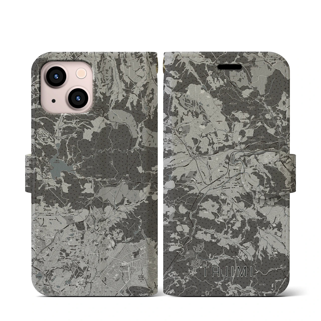 【多治見(岐阜県)】地図柄iPhoneケース(手帳タイプ)モノトーン・iPhone 13 mini 用