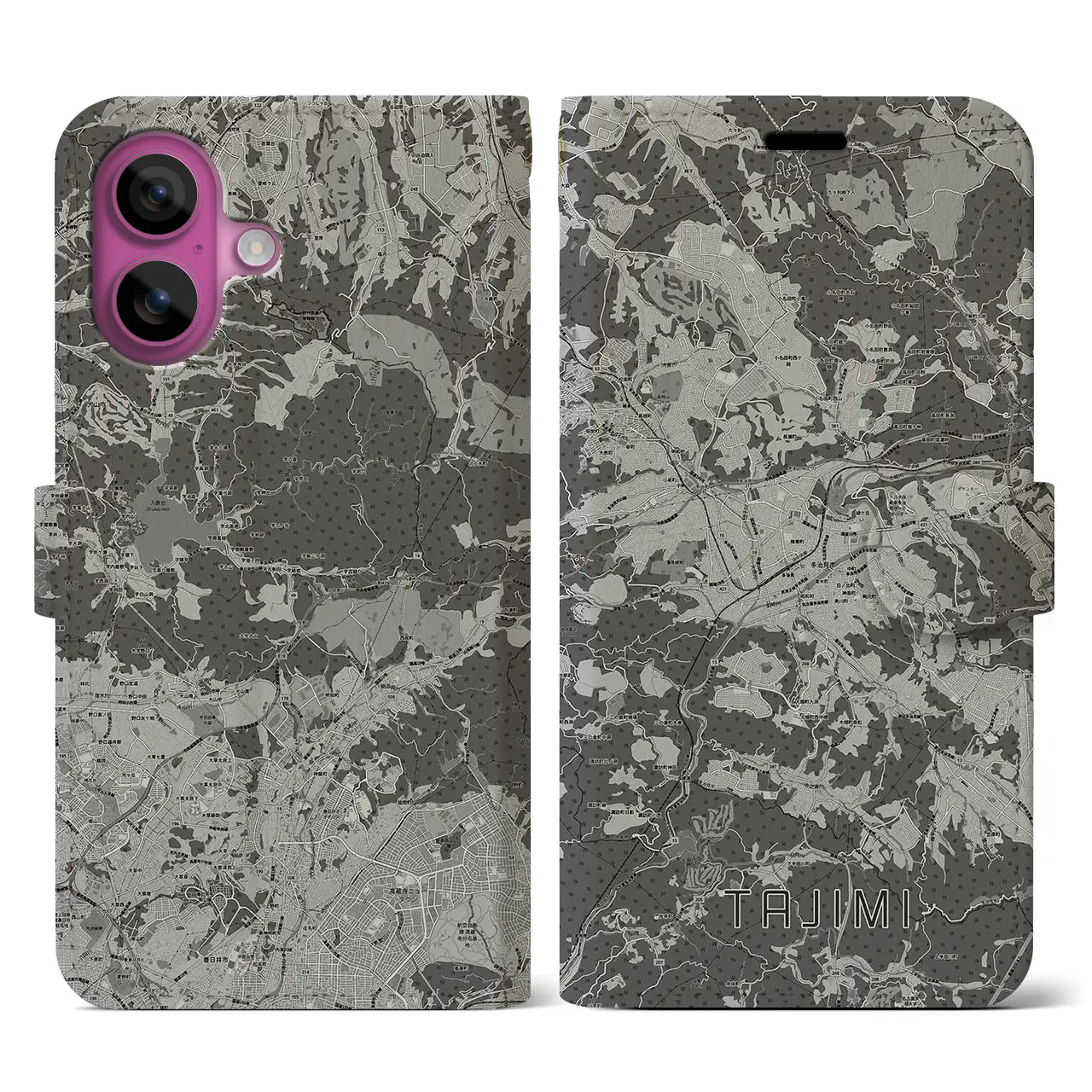 【多治見(岐阜県)】地図柄iPhoneケース(手帳タイプ)モノトーン・iPhone 16 Pro 用
