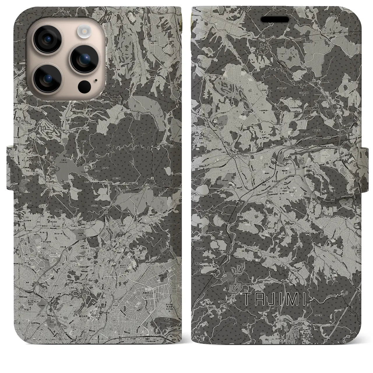 【多治見(岐阜県)】地図柄iPhoneケース(手帳タイプ)モノトーン・iPhone 16 Plus 用