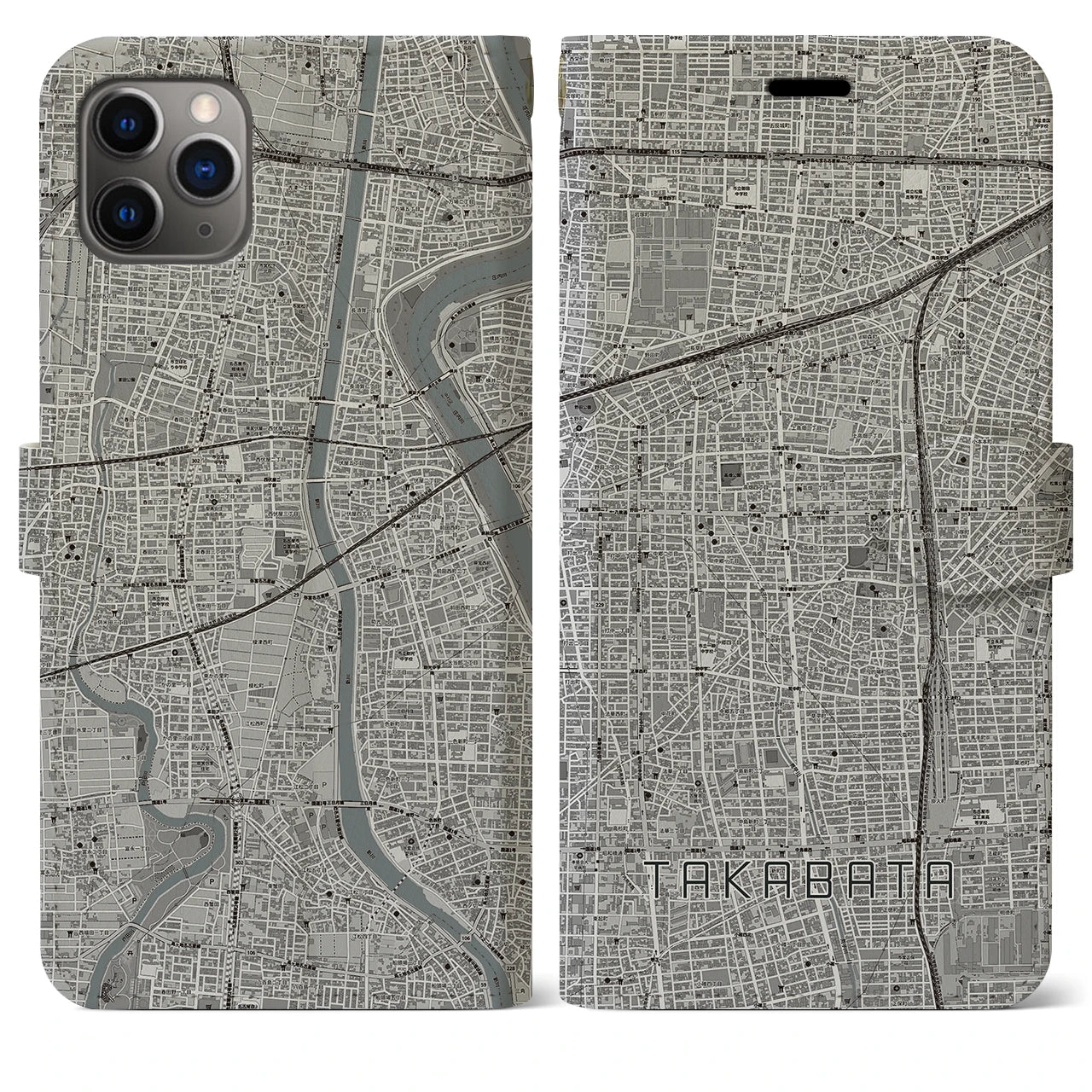 【高畑(愛知県)】地図柄iPhoneケース(手帳タイプ)モノトーン・iPhone 11 Pro Max 用