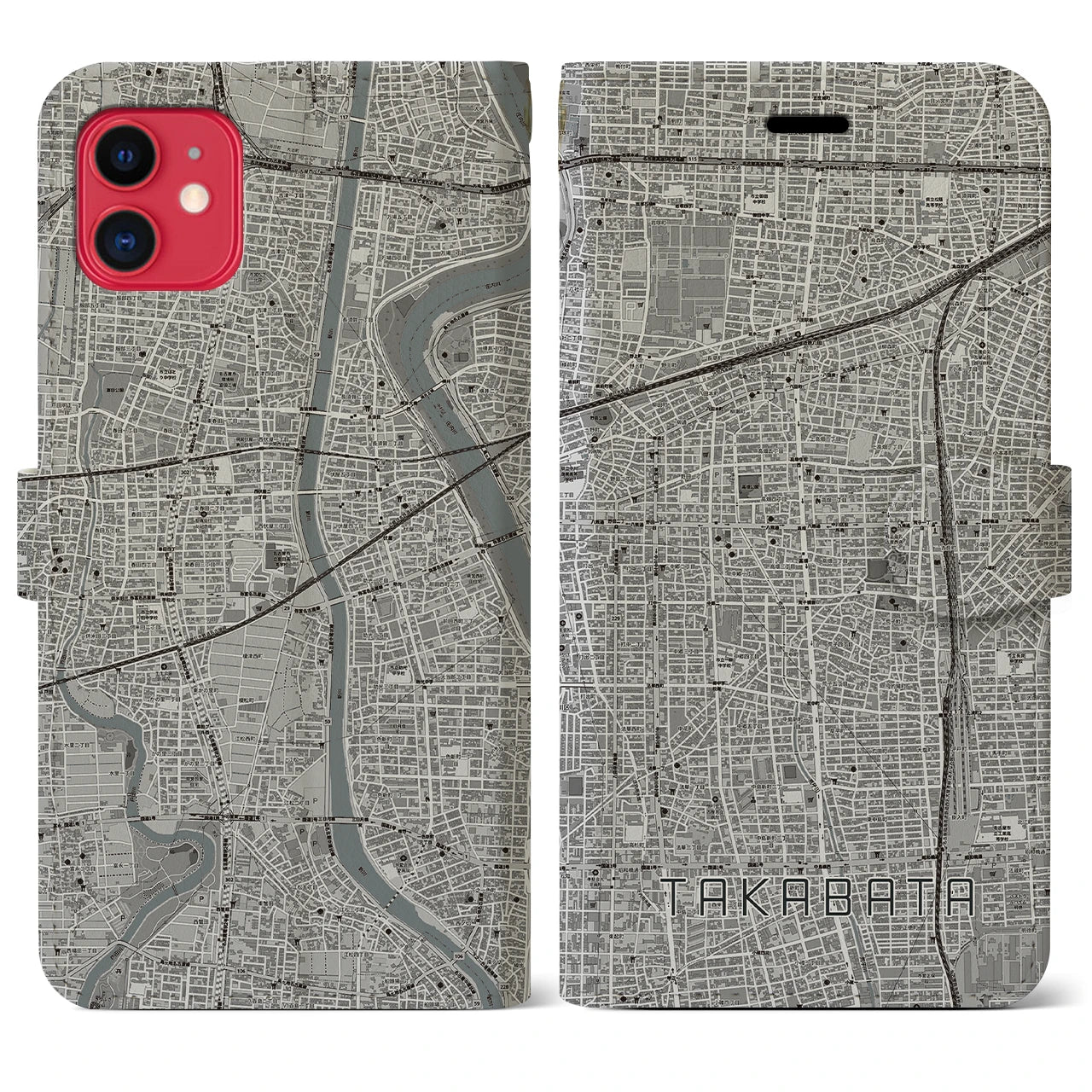【高畑(愛知県)】地図柄iPhoneケース(手帳タイプ)モノトーン・iPhone 11 用