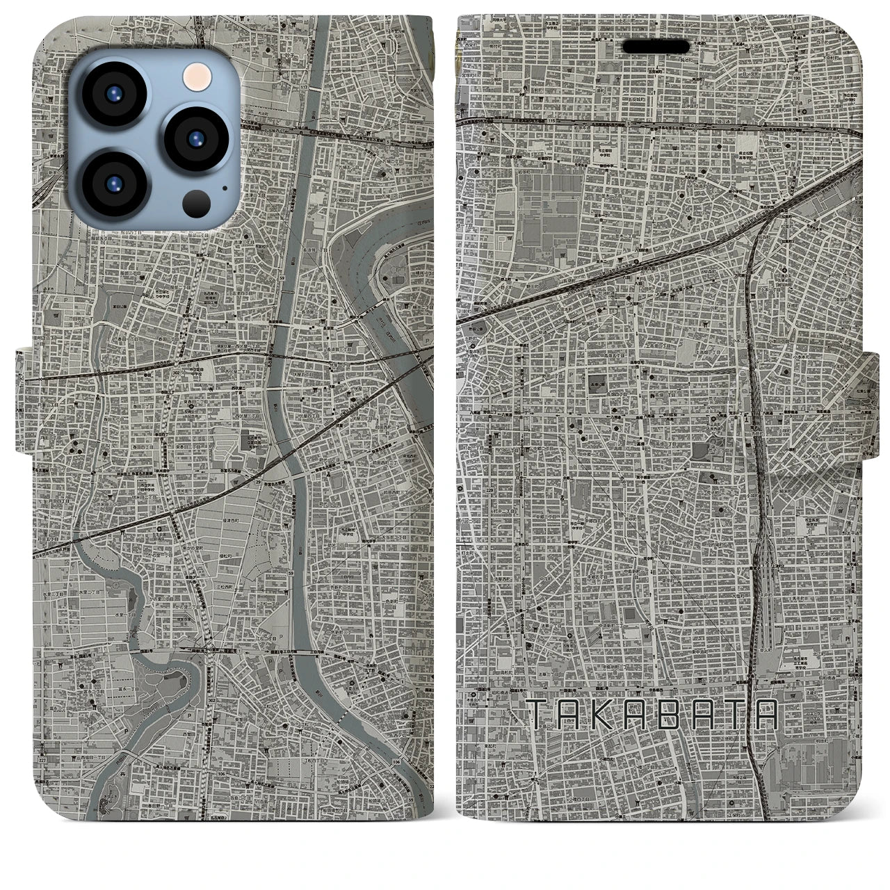 【高畑(愛知県)】地図柄iPhoneケース(手帳タイプ)モノトーン・iPhone 13 Pro Max 用