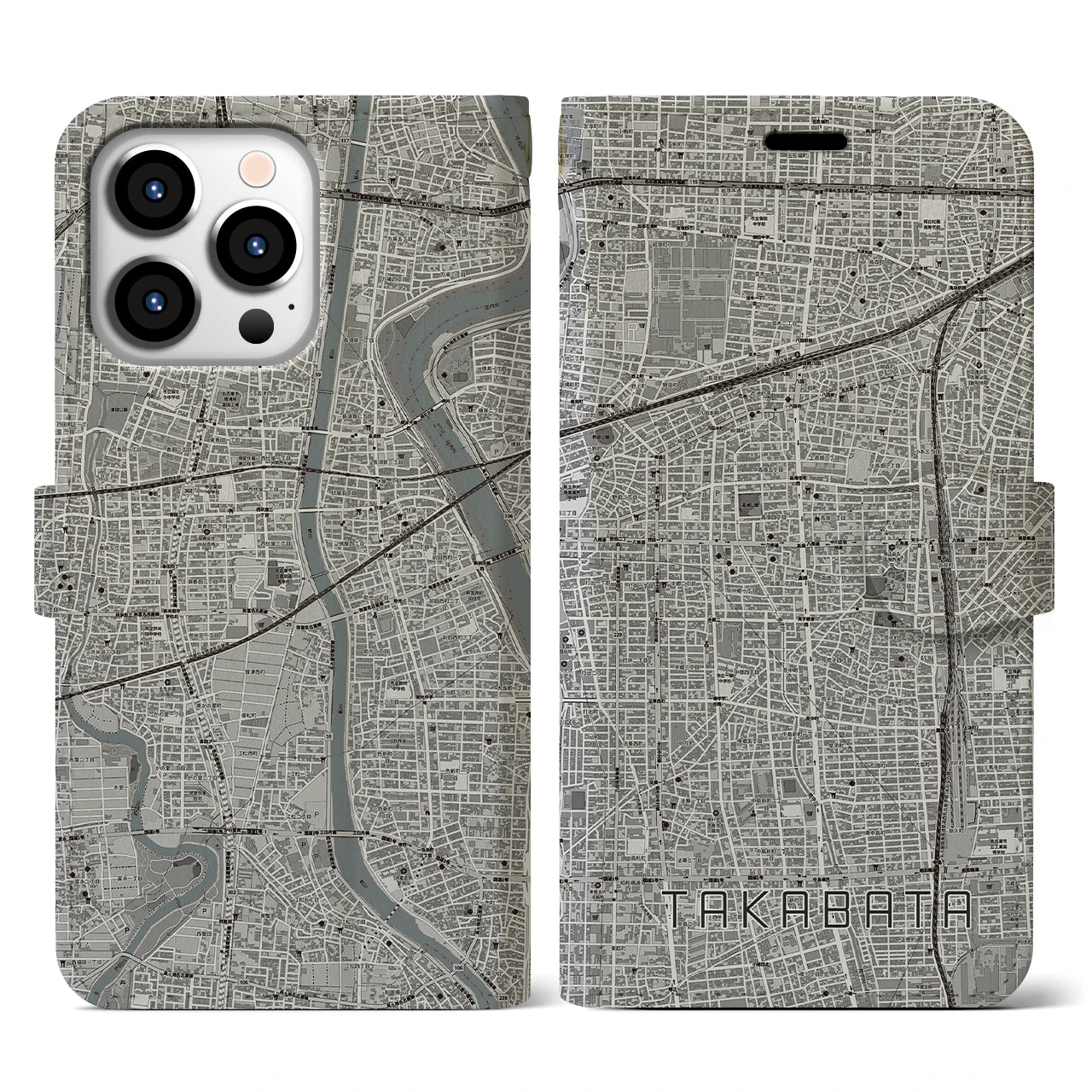 【高畑(愛知県)】地図柄iPhoneケース(手帳タイプ)モノトーン・iPhone 13 Pro 用