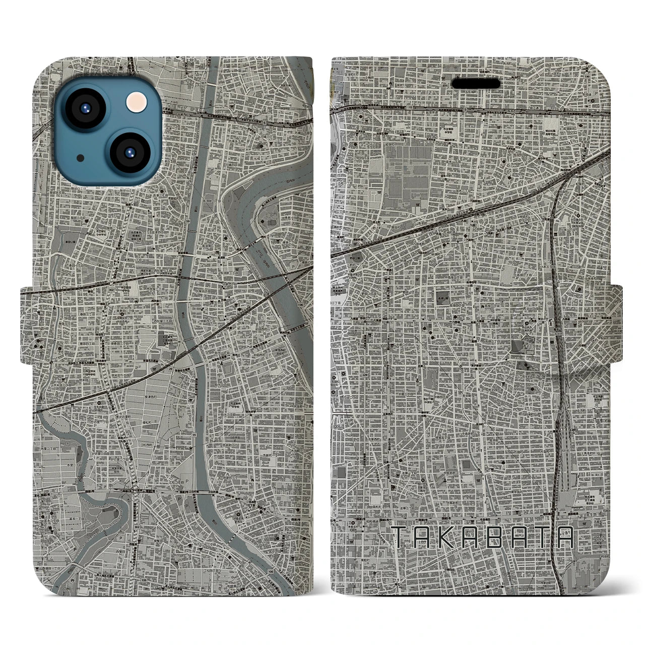 【高畑(愛知県)】地図柄iPhoneケース(手帳タイプ)モノトーン・iPhone 13 用