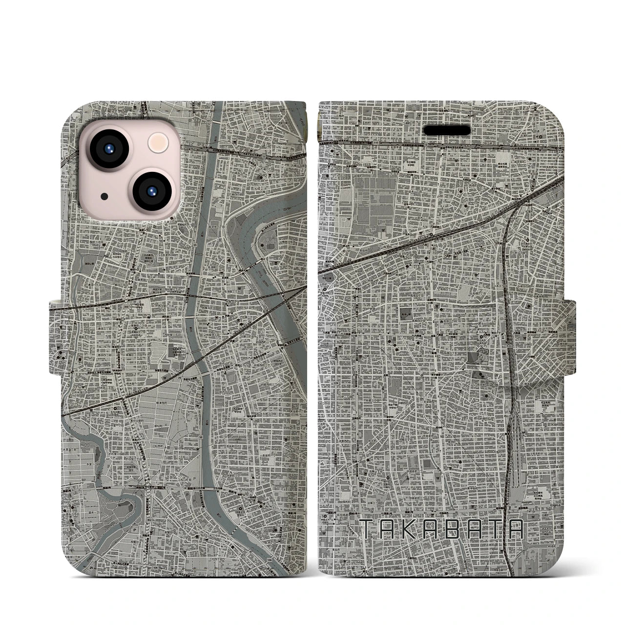 【高畑(愛知県)】地図柄iPhoneケース(手帳タイプ)モノトーン・iPhone 13 mini 用