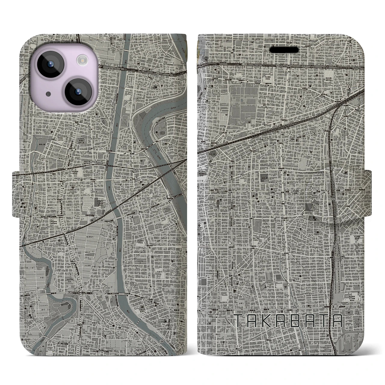 【高畑(愛知県)】地図柄iPhoneケース(手帳タイプ)モノトーン・iPhone 14 用