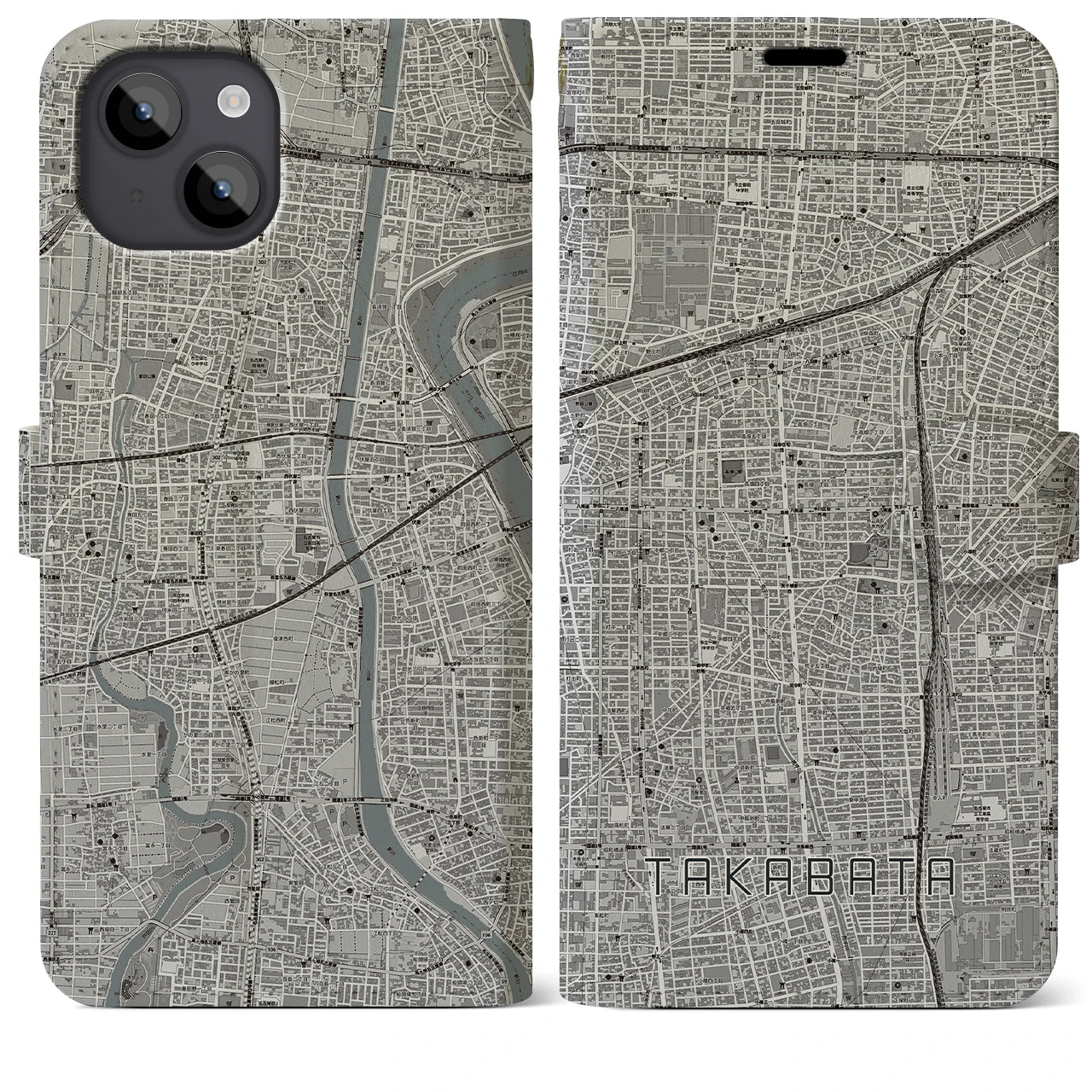 【高畑(愛知県)】地図柄iPhoneケース(手帳タイプ)モノトーン・iPhone 14 Plus 用