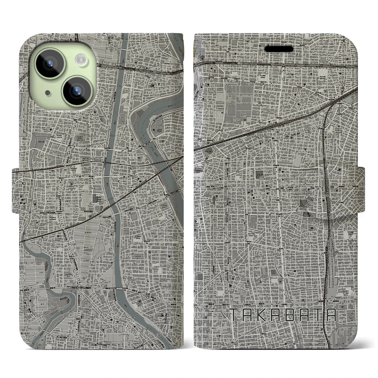 【高畑(愛知県)】地図柄iPhoneケース(手帳タイプ)モノトーン・iPhone 15 用