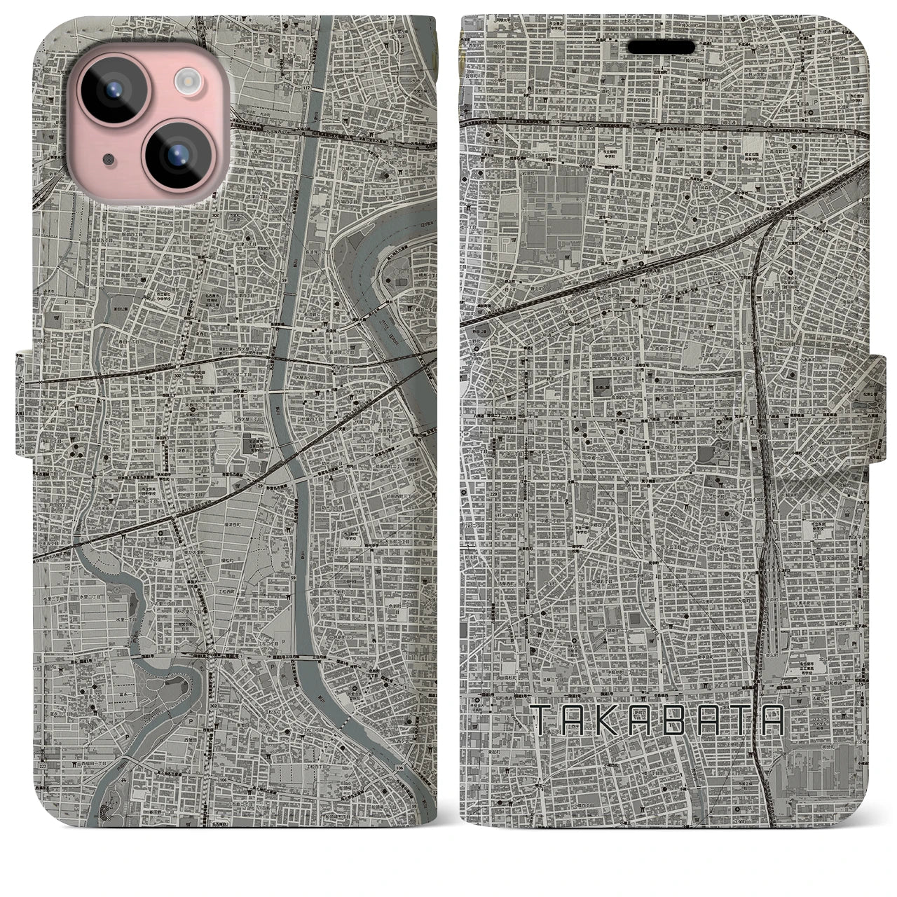 【高畑(愛知県)】地図柄iPhoneケース(手帳タイプ)モノトーン・iPhone 15 Plus 用