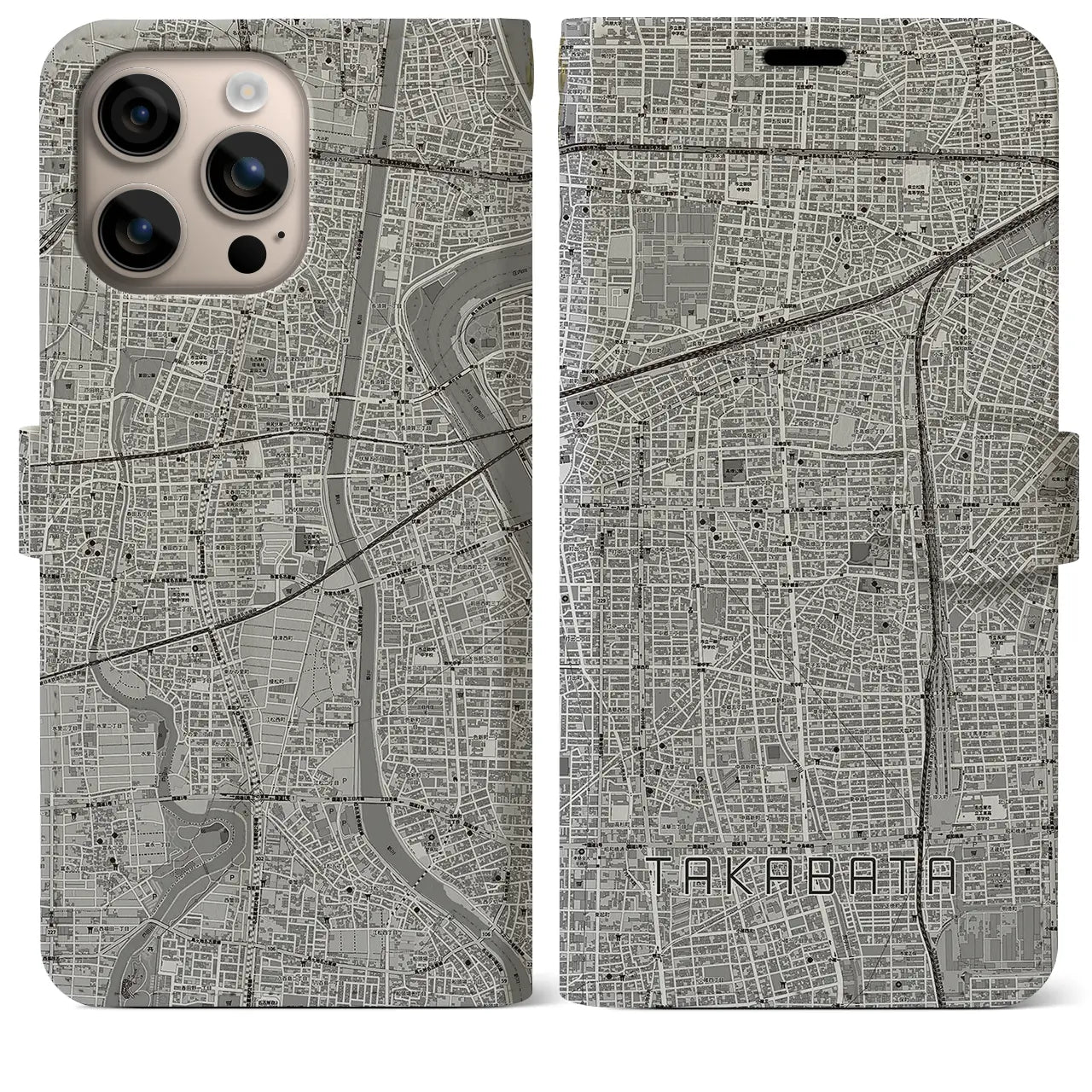 【高畑(愛知県)】地図柄iPhoneケース(手帳タイプ)モノトーン・iPhone 16 Plus 用