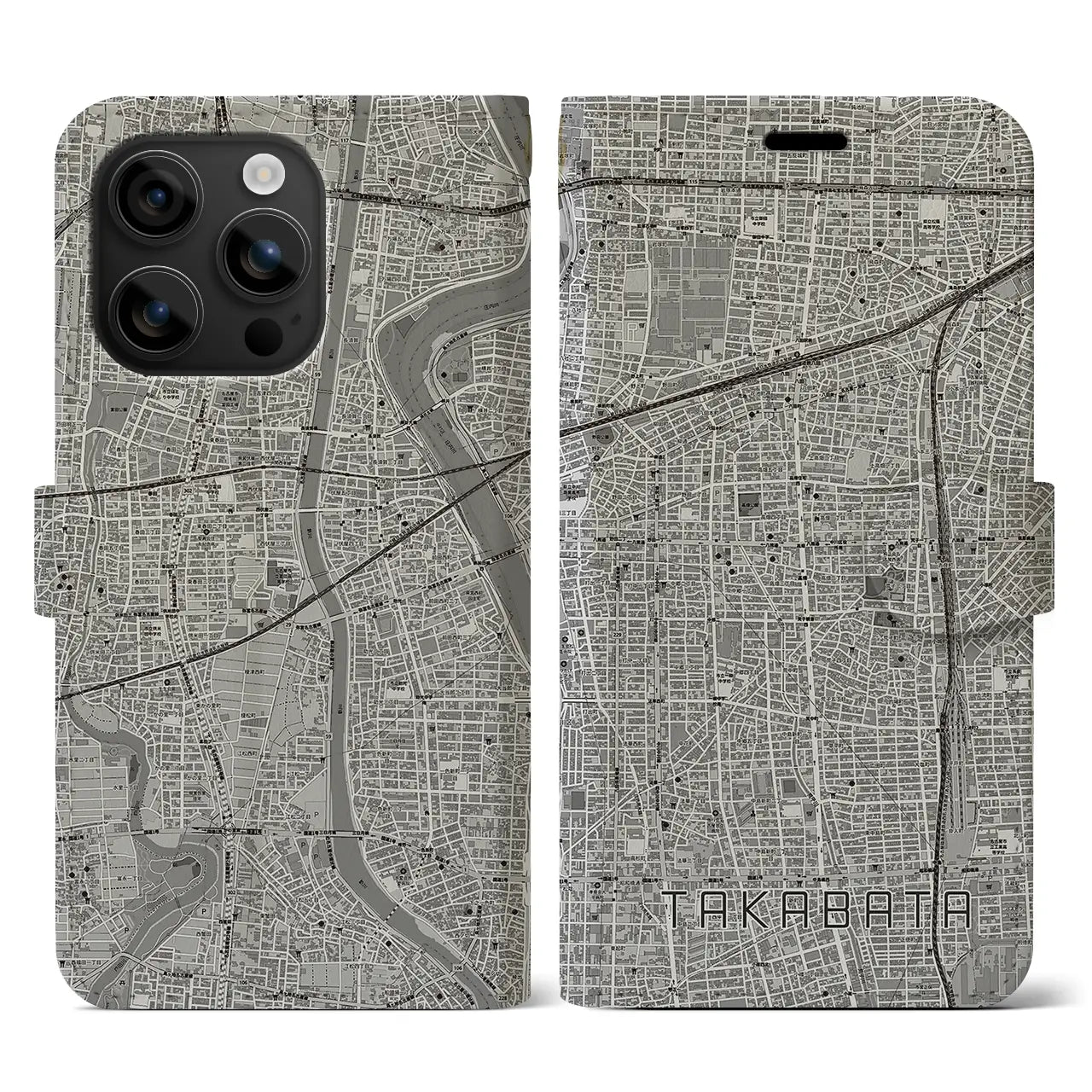 【高畑(愛知県)】地図柄iPhoneケース(手帳タイプ)モノトーン・iPhone 16 用