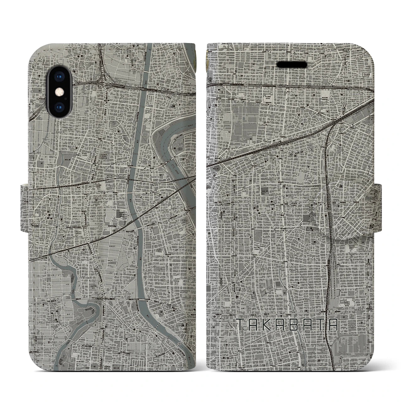 【高畑(愛知県)】地図柄iPhoneケース(手帳タイプ)モノトーン・iPhone XS / X 用