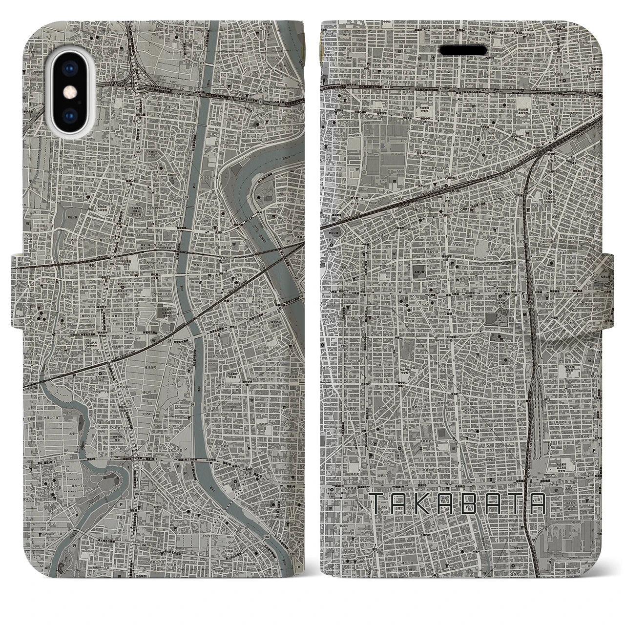 【高畑(愛知県)】地図柄iPhoneケース(手帳タイプ)モノトーン・iPhone XS Max 用