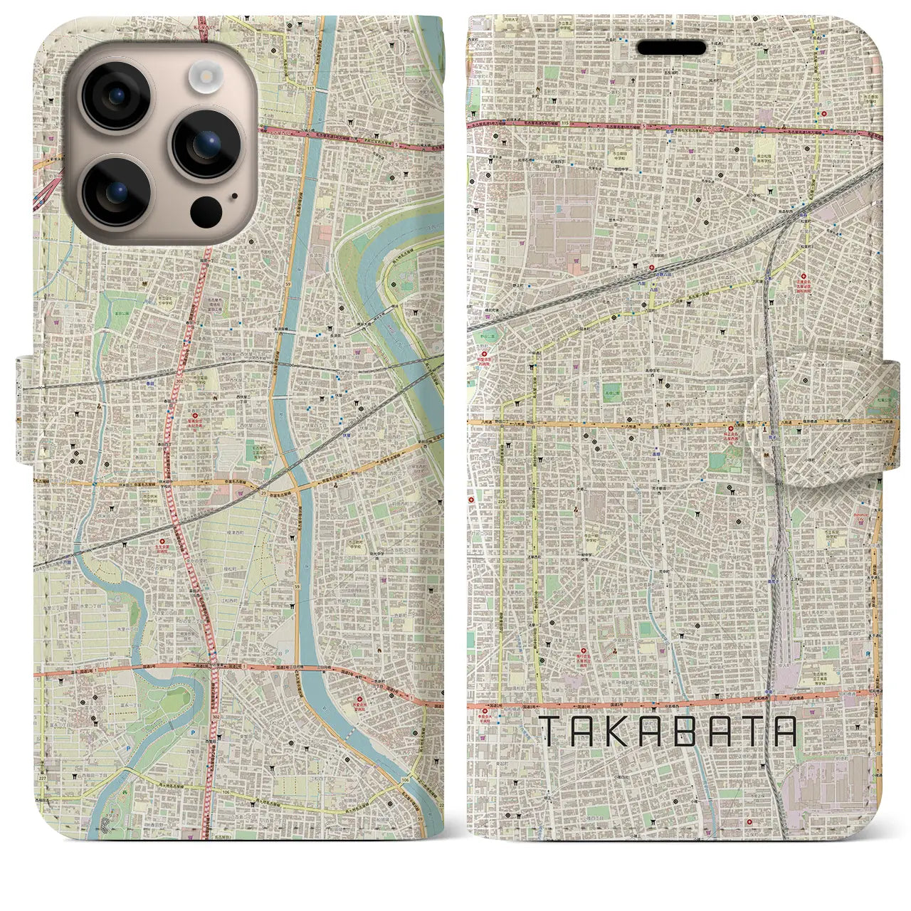 【高畑(愛知県)】地図柄iPhoneケース(手帳タイプ)ナチュラル・iPhone 16 Plus 用