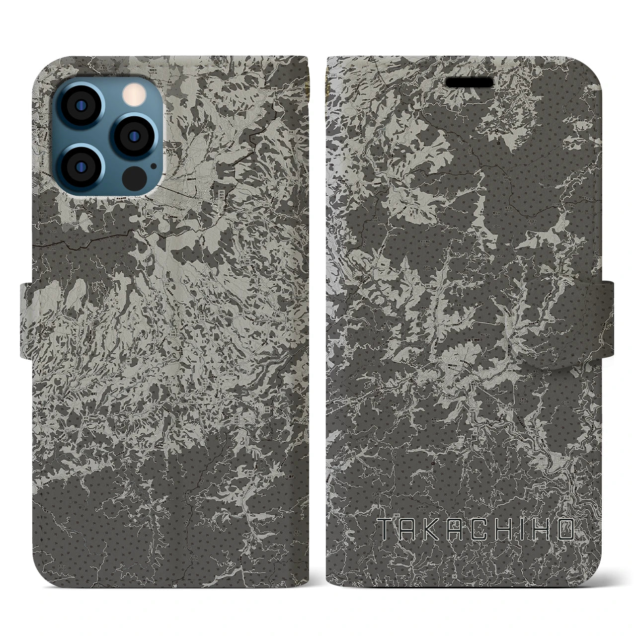 【高千穂(宮崎県)】地図柄iPhoneケース(手帳タイプ)モノトーン・iPhone 12 / 12 Pro 用