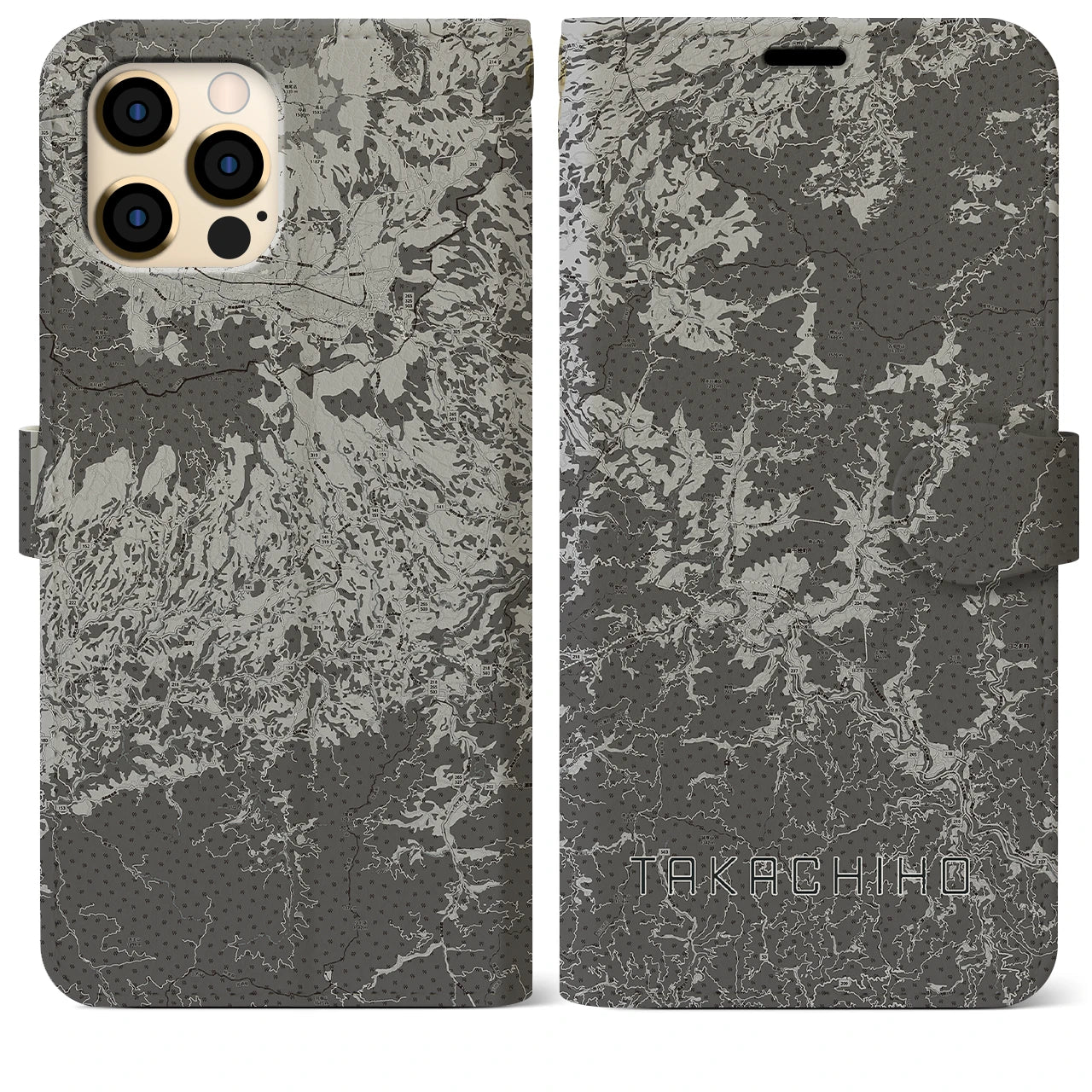 【高千穂(宮崎県)】地図柄iPhoneケース(手帳タイプ)モノトーン・iPhone 12 Pro Max 用