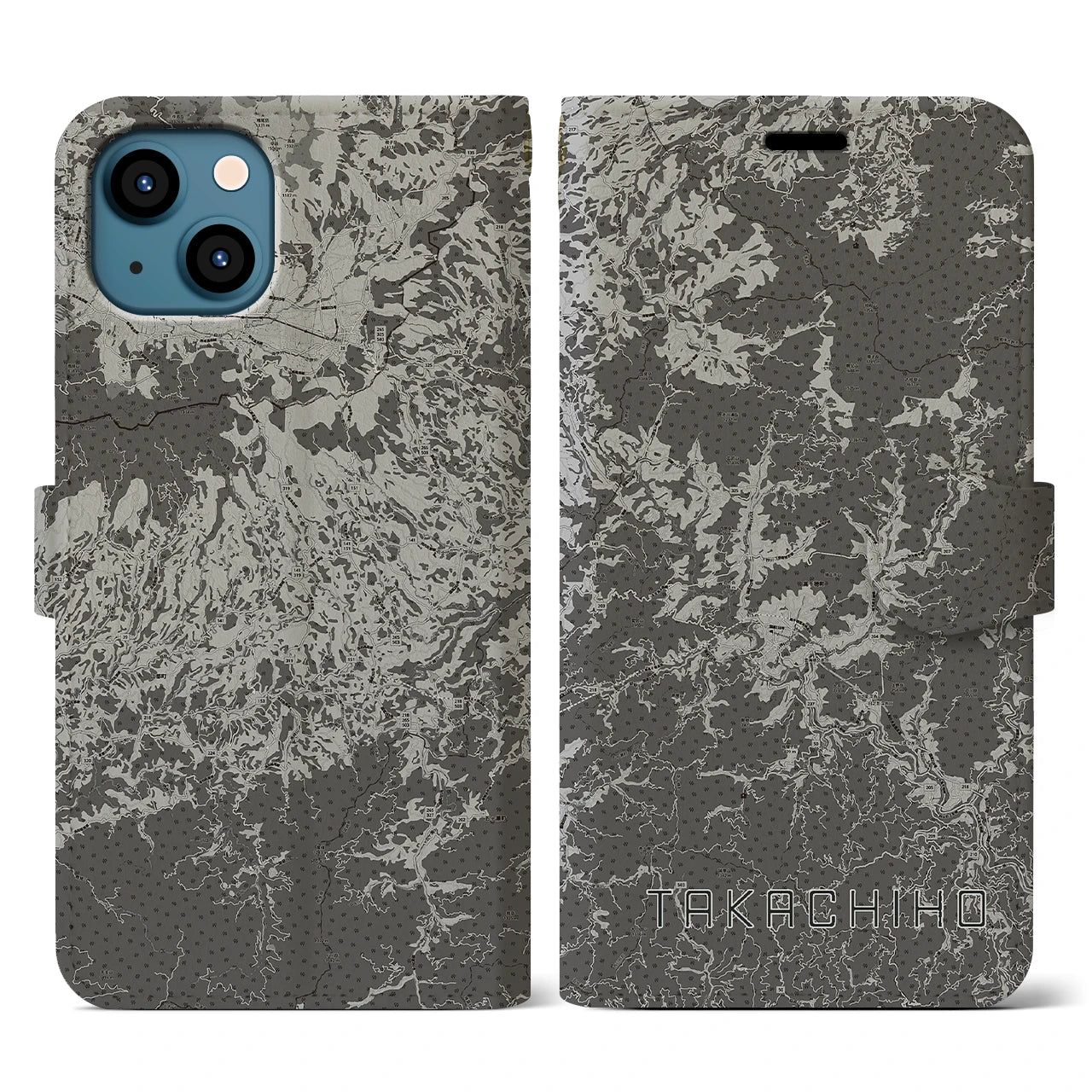 【高千穂(宮崎県)】地図柄iPhoneケース(手帳タイプ)モノトーン・iPhone 13 用