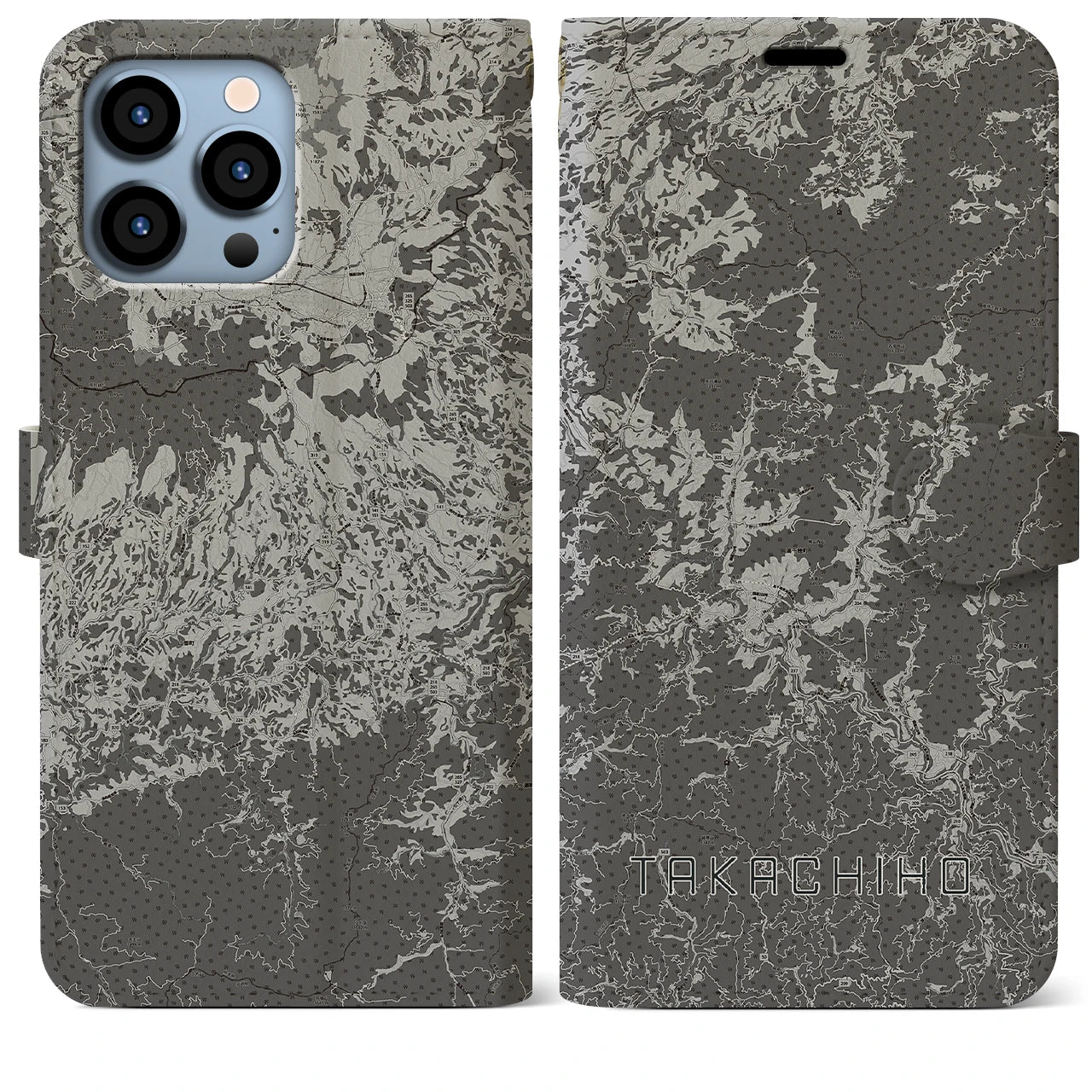【高千穂(宮崎県)】地図柄iPhoneケース(手帳タイプ)モノトーン・iPhone 13 Pro Max 用