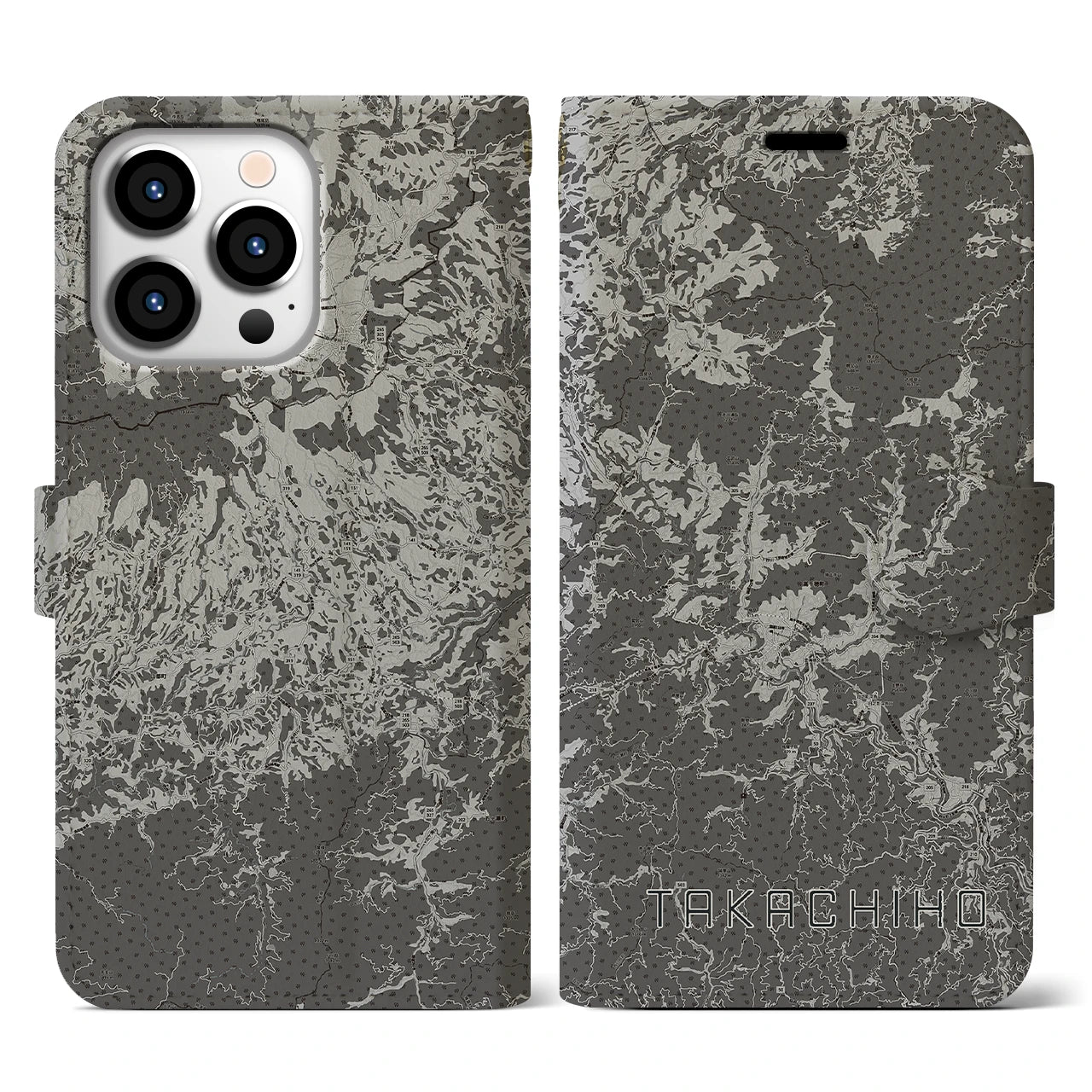 【高千穂(宮崎県)】地図柄iPhoneケース(手帳タイプ)モノトーン・iPhone 13 Pro 用