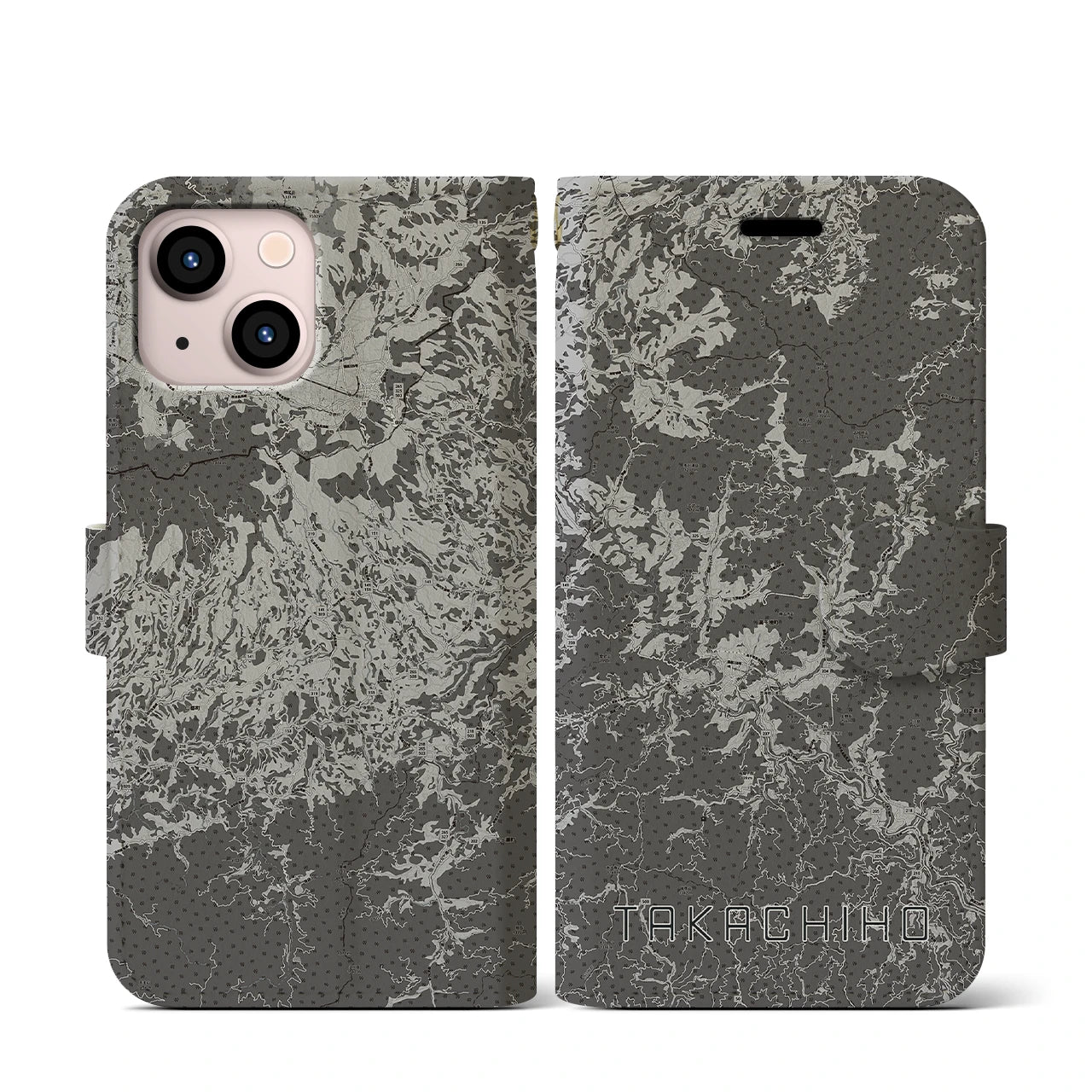 【高千穂(宮崎県)】地図柄iPhoneケース(手帳タイプ)モノトーン・iPhone 13 mini 用