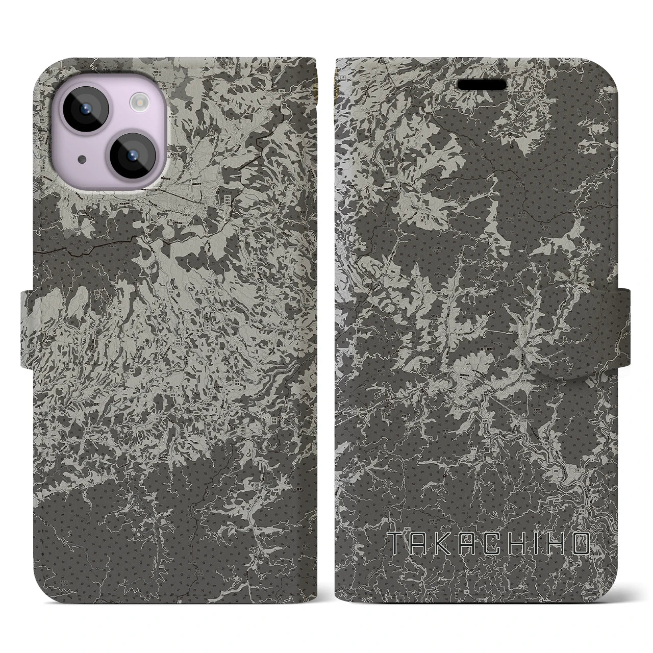 【高千穂(宮崎県)】地図柄iPhoneケース(手帳タイプ)モノトーン・iPhone 14 用