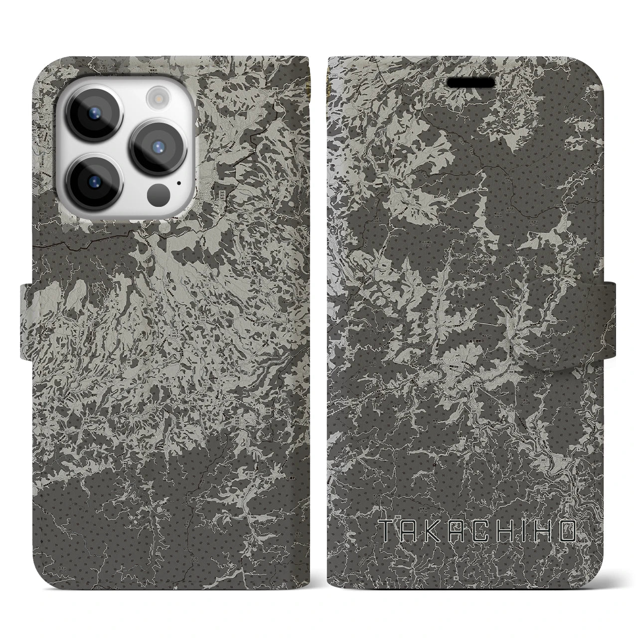 【高千穂(宮崎県)】地図柄iPhoneケース(手帳タイプ)モノトーン・iPhone 14 Pro 用