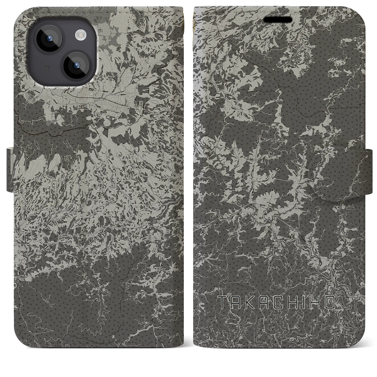 【高千穂(宮崎県)】地図柄iPhoneケース(手帳タイプ)モノトーン・iPhone 14 Plus 用