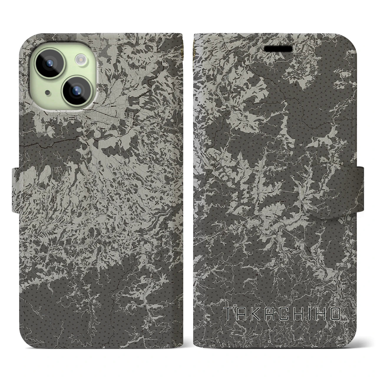 【高千穂(宮崎県)】地図柄iPhoneケース(手帳タイプ)モノトーン・iPhone 15 用
