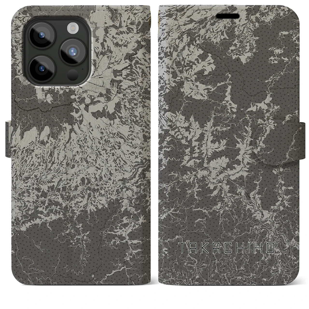 【高千穂(宮崎県)】地図柄iPhoneケース(手帳タイプ)モノトーン・iPhone 15 Pro Max 用