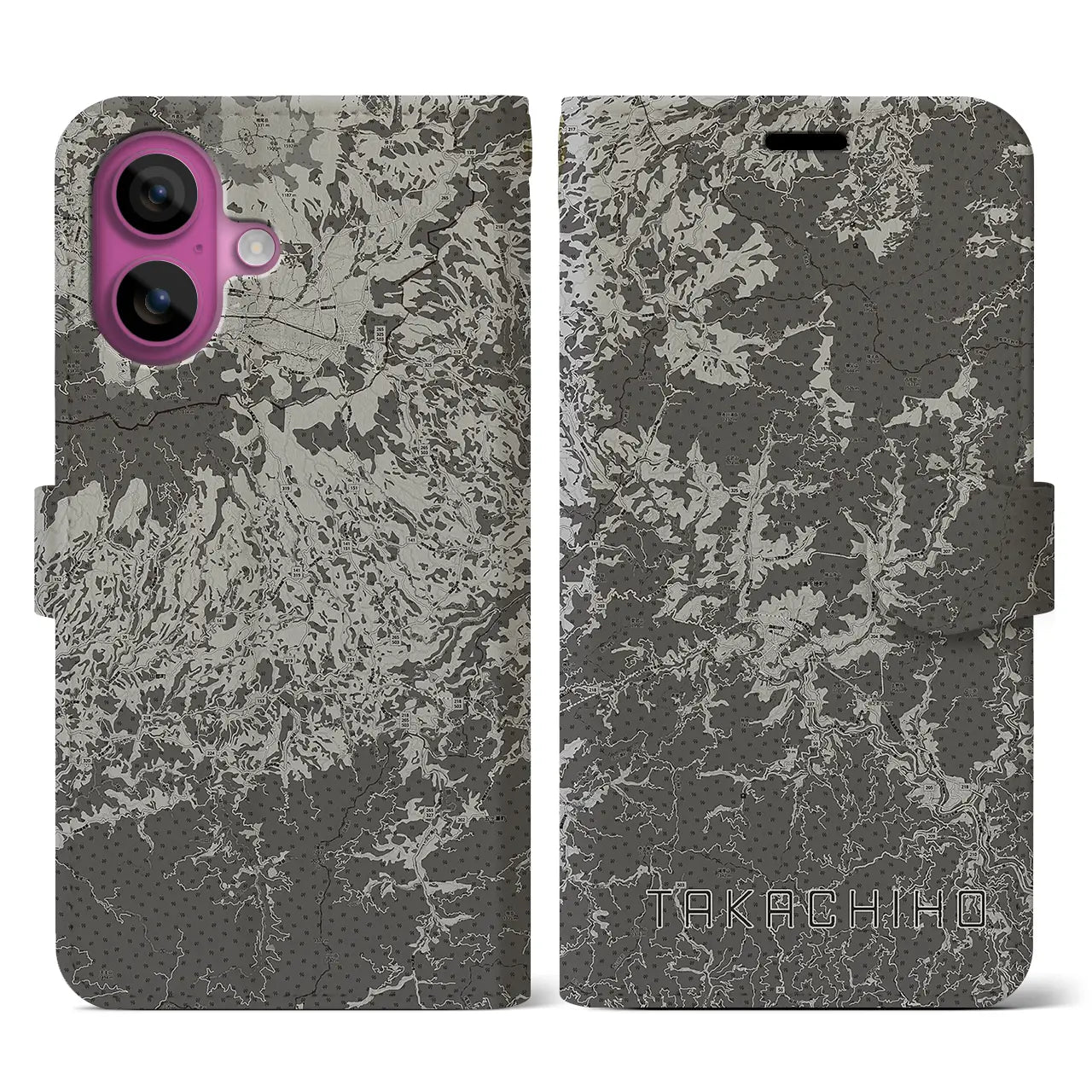 【高千穂(宮崎県)】地図柄iPhoneケース(手帳タイプ)モノトーン・iPhone 16 Pro 用