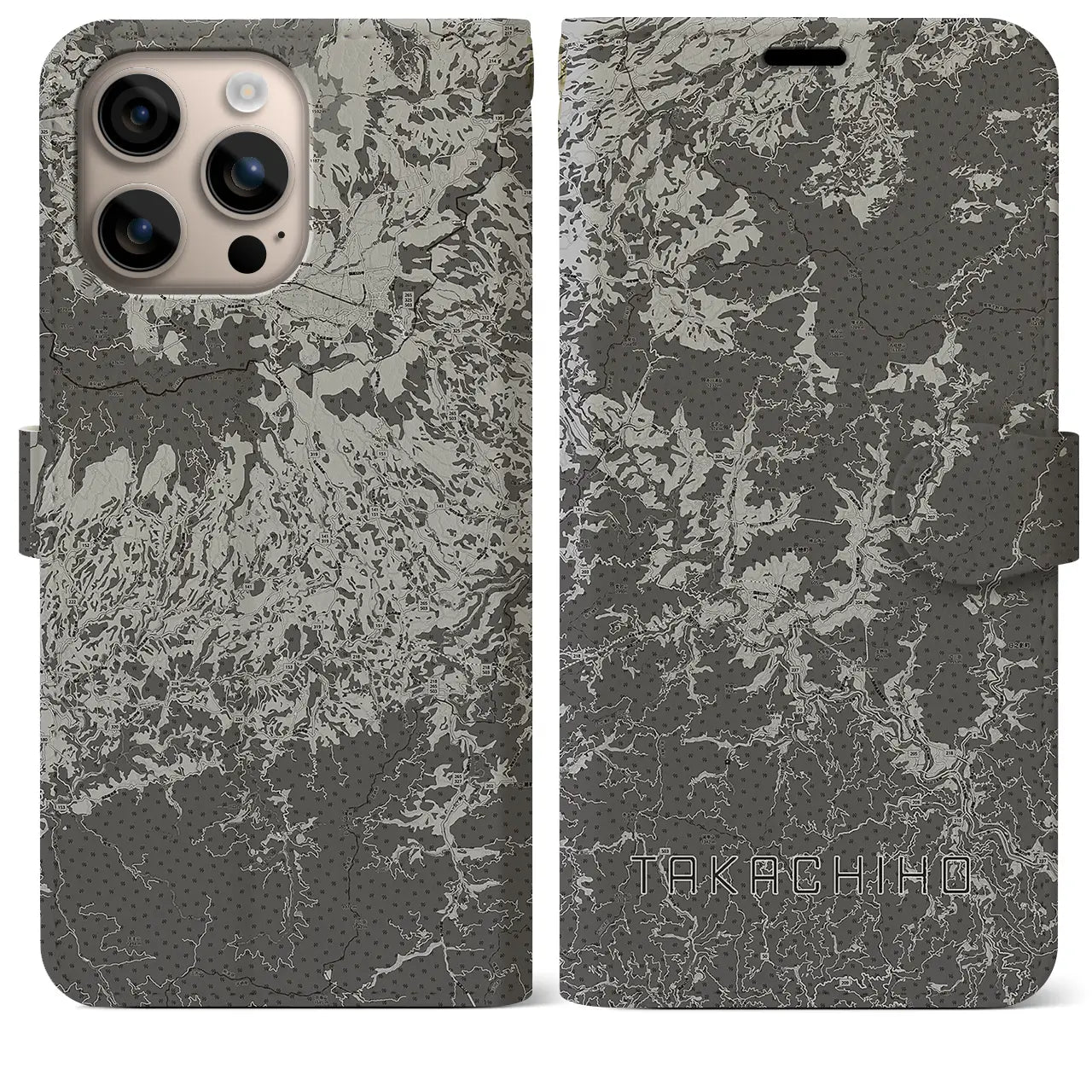 【高千穂(宮崎県)】地図柄iPhoneケース(手帳タイプ)モノトーン・iPhone 16 Plus 用