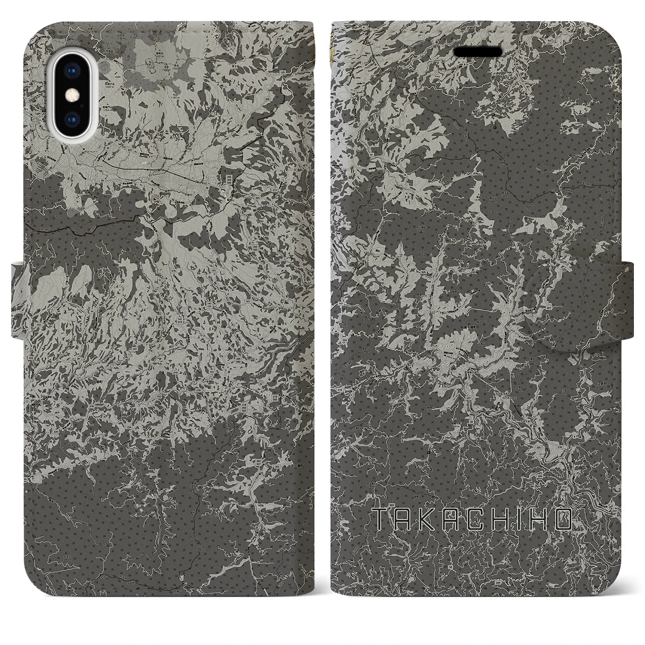 【高千穂(宮崎県)】地図柄iPhoneケース(手帳タイプ)モノトーン・iPhone XS Max 用