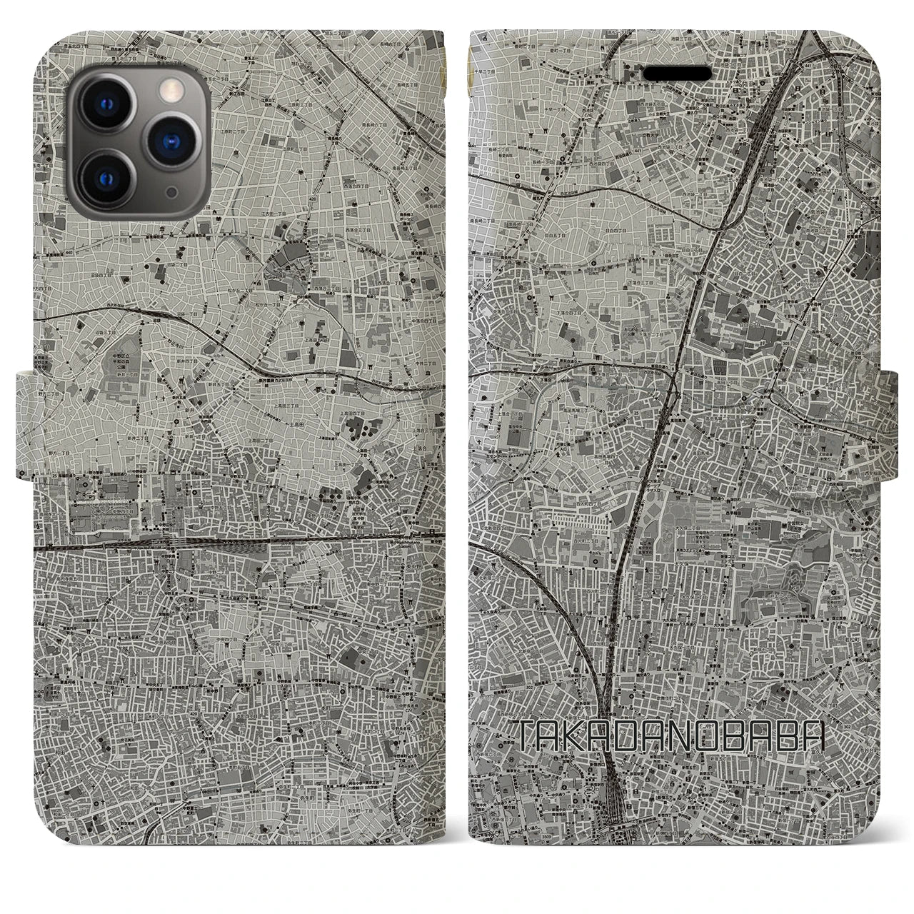 【高田馬場(東京都)】地図柄iPhoneケース(手帳タイプ)モノトーン・iPhone 11 Pro Max 用