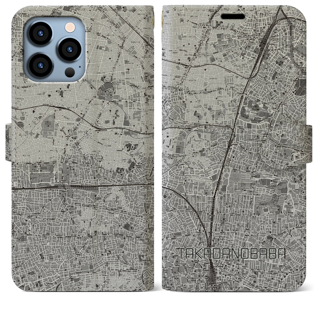 【高田馬場(東京都)】地図柄iPhoneケース(手帳タイプ)モノトーン・iPhone 13 Pro Max 用