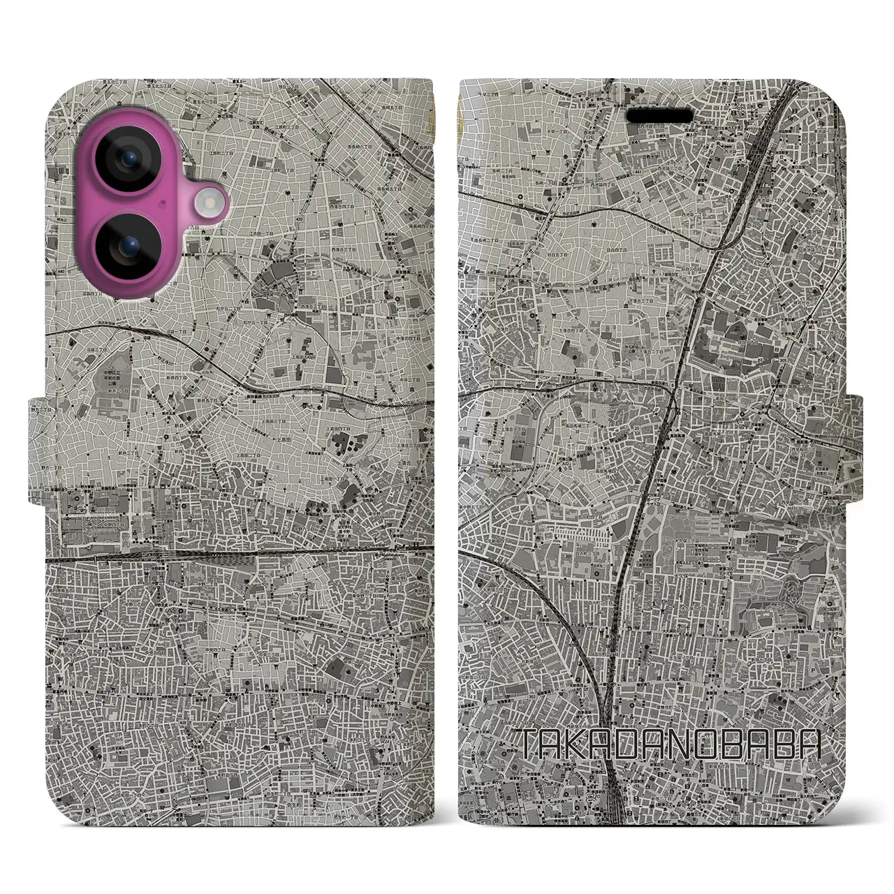 【高田馬場(東京都)】地図柄iPhoneケース(手帳タイプ)モノトーン・iPhone 16 Pro 用