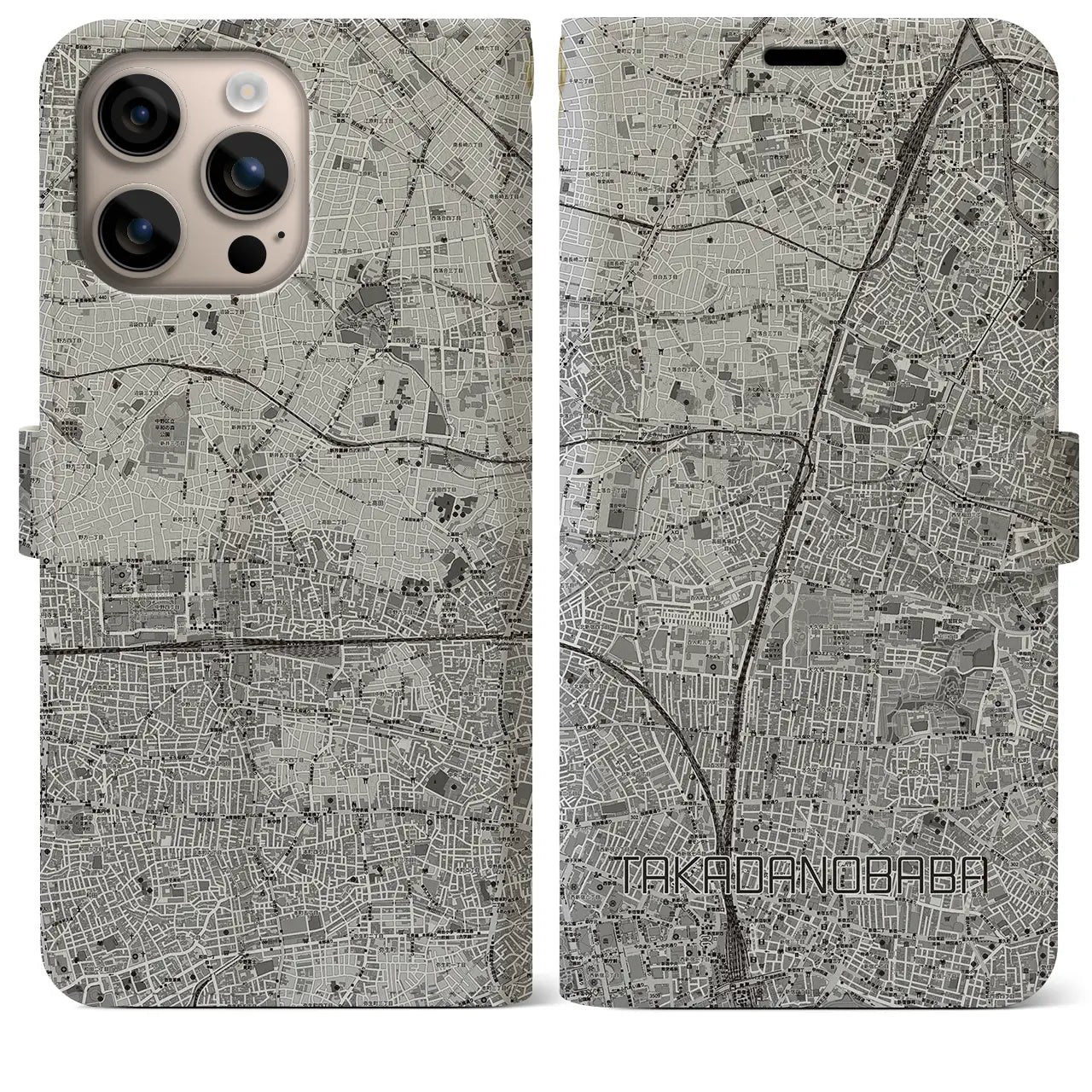 【高田馬場(東京都)】地図柄iPhoneケース(手帳タイプ)モノトーン・iPhone 16 Plus 用