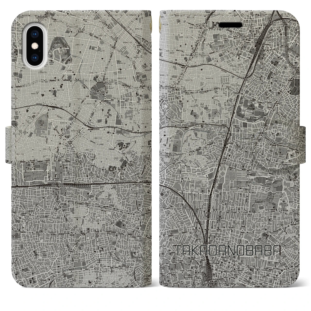 【高田馬場(東京都)】地図柄iPhoneケース(手帳タイプ)モノトーン・iPhone XS Max 用