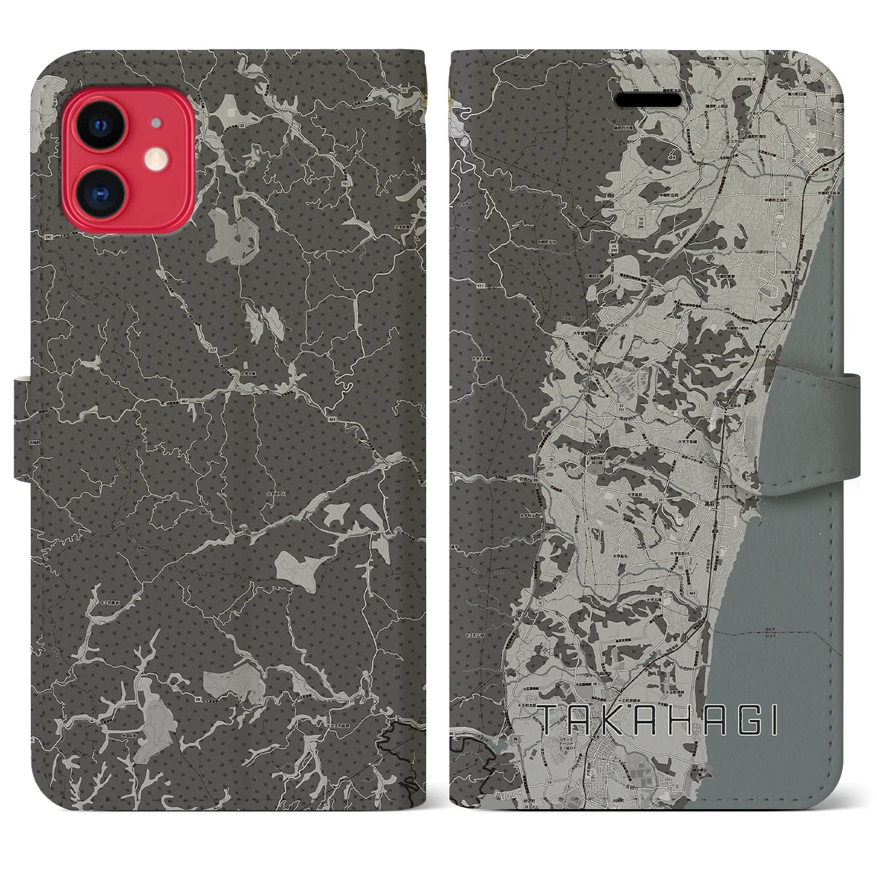 【高萩(茨城県)】地図柄iPhoneケース(手帳タイプ)モノトーン・iPhone 11 用