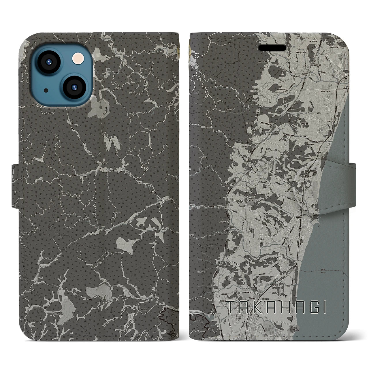 【高萩(茨城県)】地図柄iPhoneケース(手帳タイプ)モノトーン・iPhone 13 用