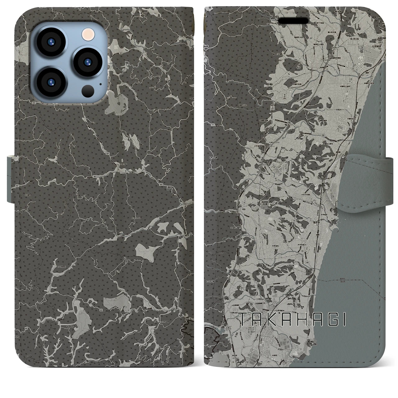 【高萩(茨城県)】地図柄iPhoneケース(手帳タイプ)モノトーン・iPhone 13 Pro Max 用