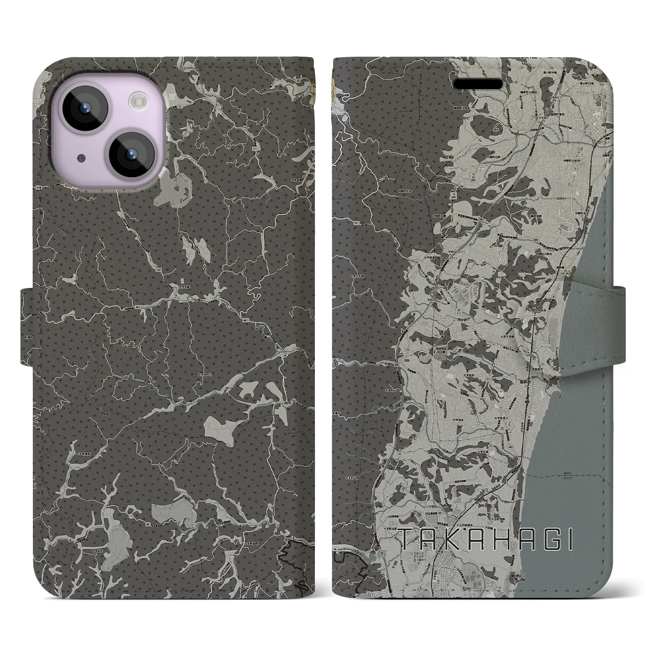 【高萩(茨城県)】地図柄iPhoneケース(手帳タイプ)モノトーン・iPhone 14 用
