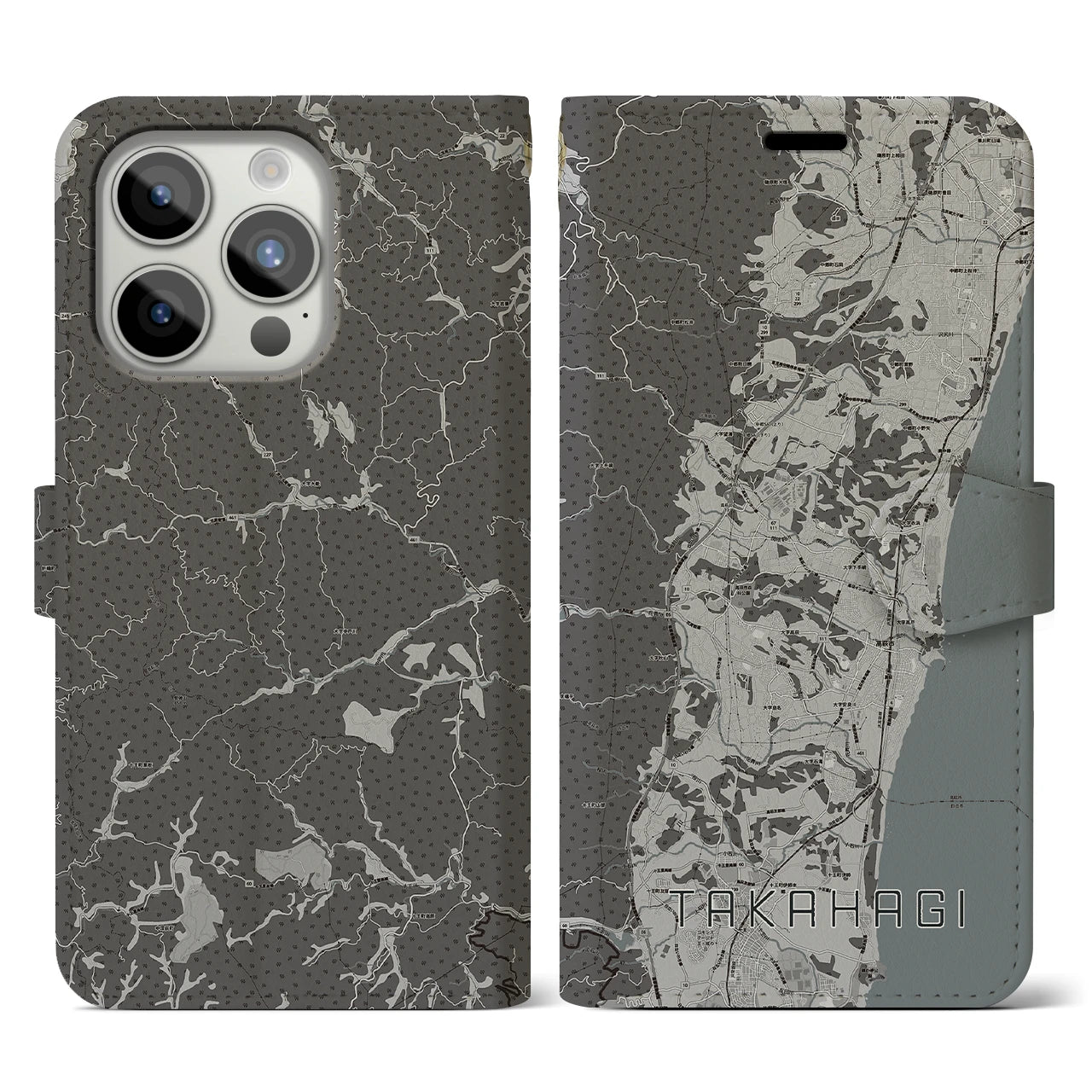 【高萩(茨城県)】地図柄iPhoneケース(手帳タイプ)モノトーン・iPhone 15 Pro 用